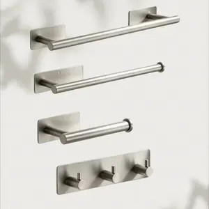 No-Drill Bathroom Storage Hooks Set, Stainless Steel Towel Rod, Paper Holder, Hat Hook, 4-Piece Kit, Easy Installation