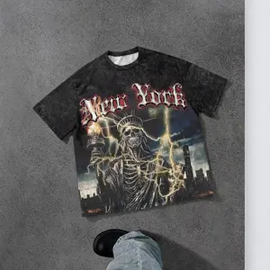 Men's Round Neck Short-Sleeve Graphic T-Shirt - Unisex Menswear Top with 3D Statue of Liberty Black Bull Skull Print, Casual Streetwear Tshirt