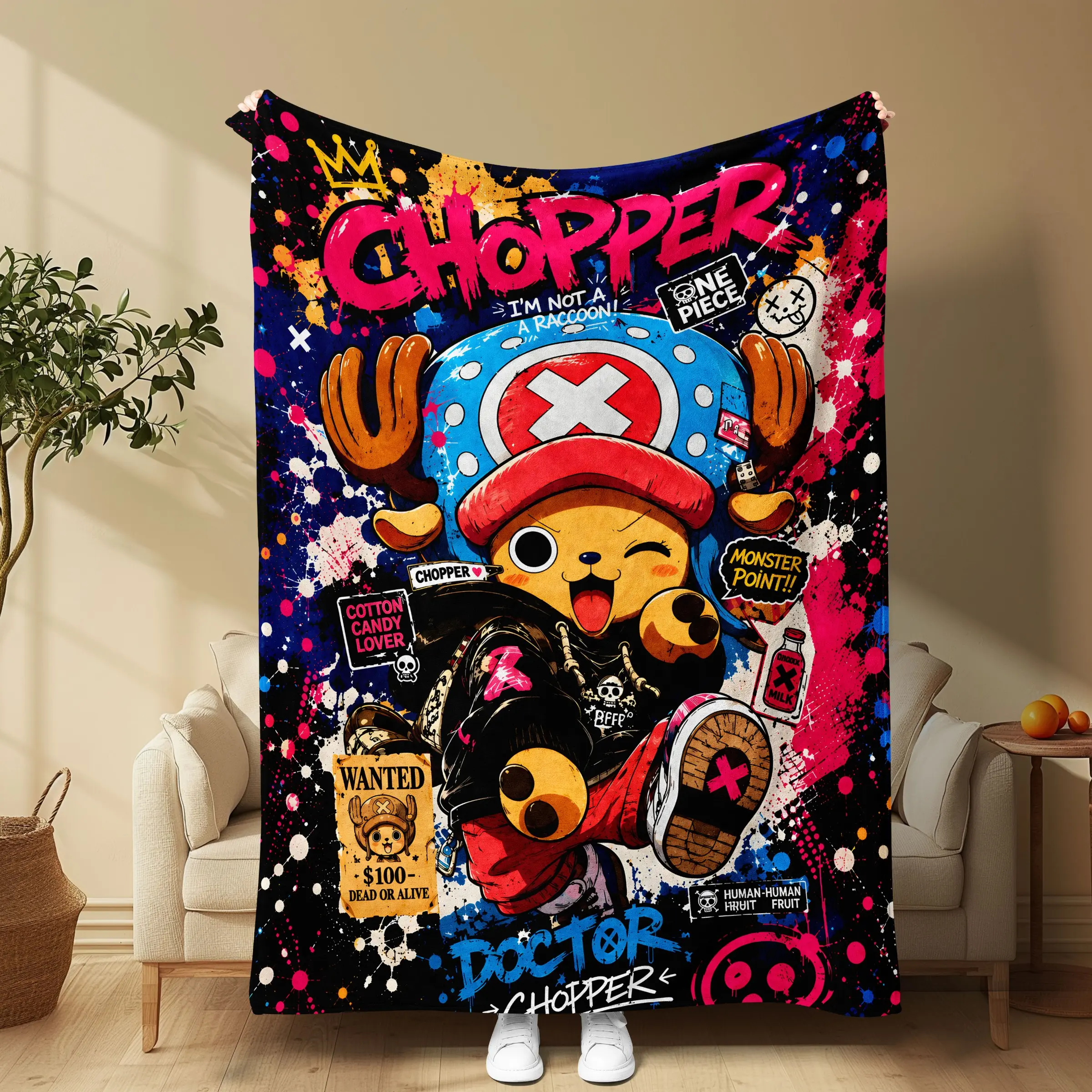 Street Art Graffiti Blanket, Anime Elements, Thick Flannel, Soft & Warm, Ideal for All Seasons, Durable Print, Perfect for Fans