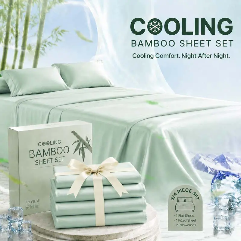 OS OMYSTYLE  3/4 PCS Cooling Bamboo Bed Sheet Set, Soft Breathable Bedding Set with 16-Inch Deep Pocket Fitted Sheet, All-Around Elastic Fit, Cool Touch Comfort Fabric, Fade Resistant Sheets with Flat Sheet & Pillowcases for Kids Bedroom，Children