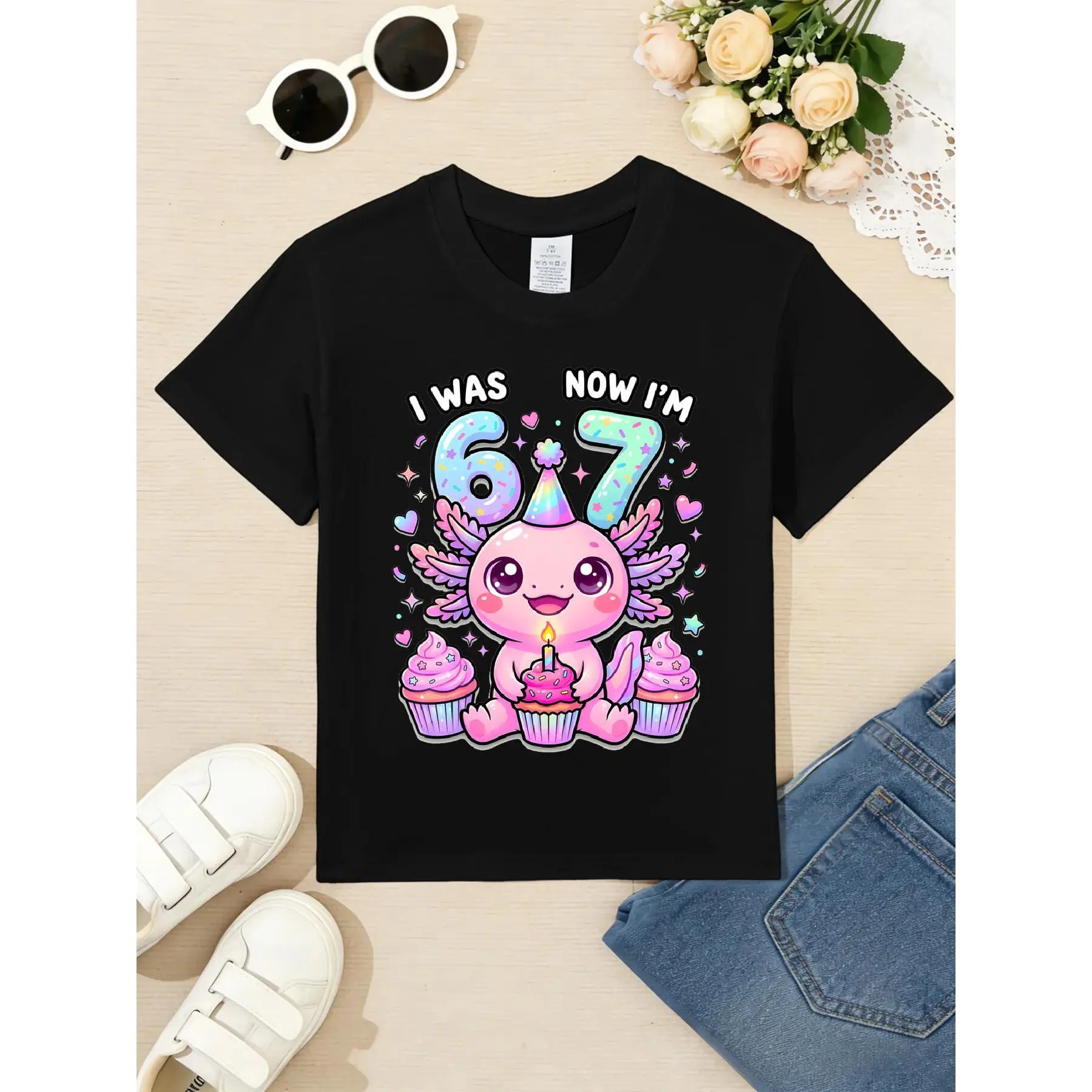 Kids’ 100% Cotton I was 6 Now I'm 7 Birthday 67 Meme Axolotl T-Shirt, Soft Breathable Crew Neck Short Sleeve Casual Tee for Boys and Girls, Suitable for daily outfits