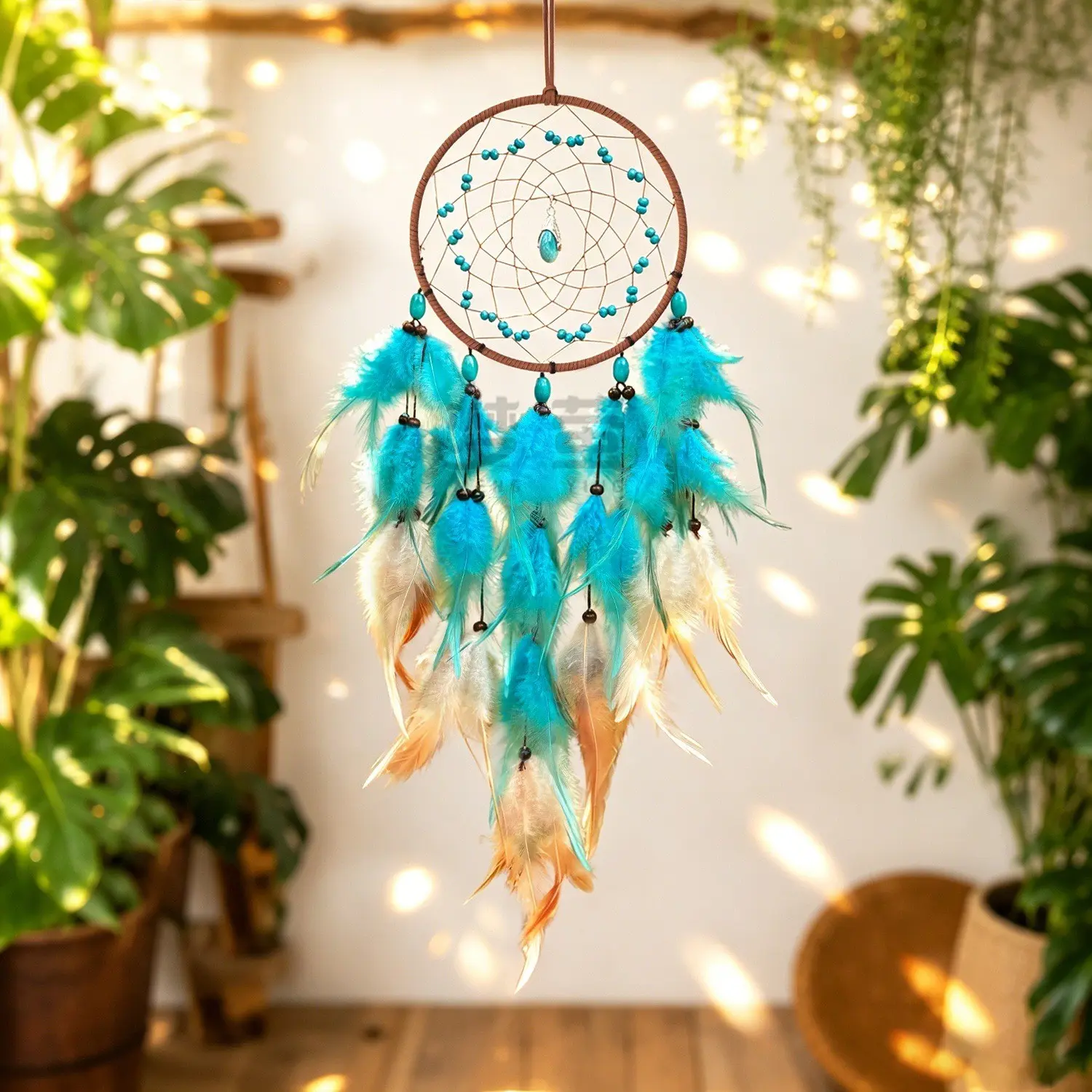 Bohemian Handmade Dream Catcher, Natural and Feather Wood Bead Wall Hanging with Obsidian Pendant, Rustic Bedroom Decor Art