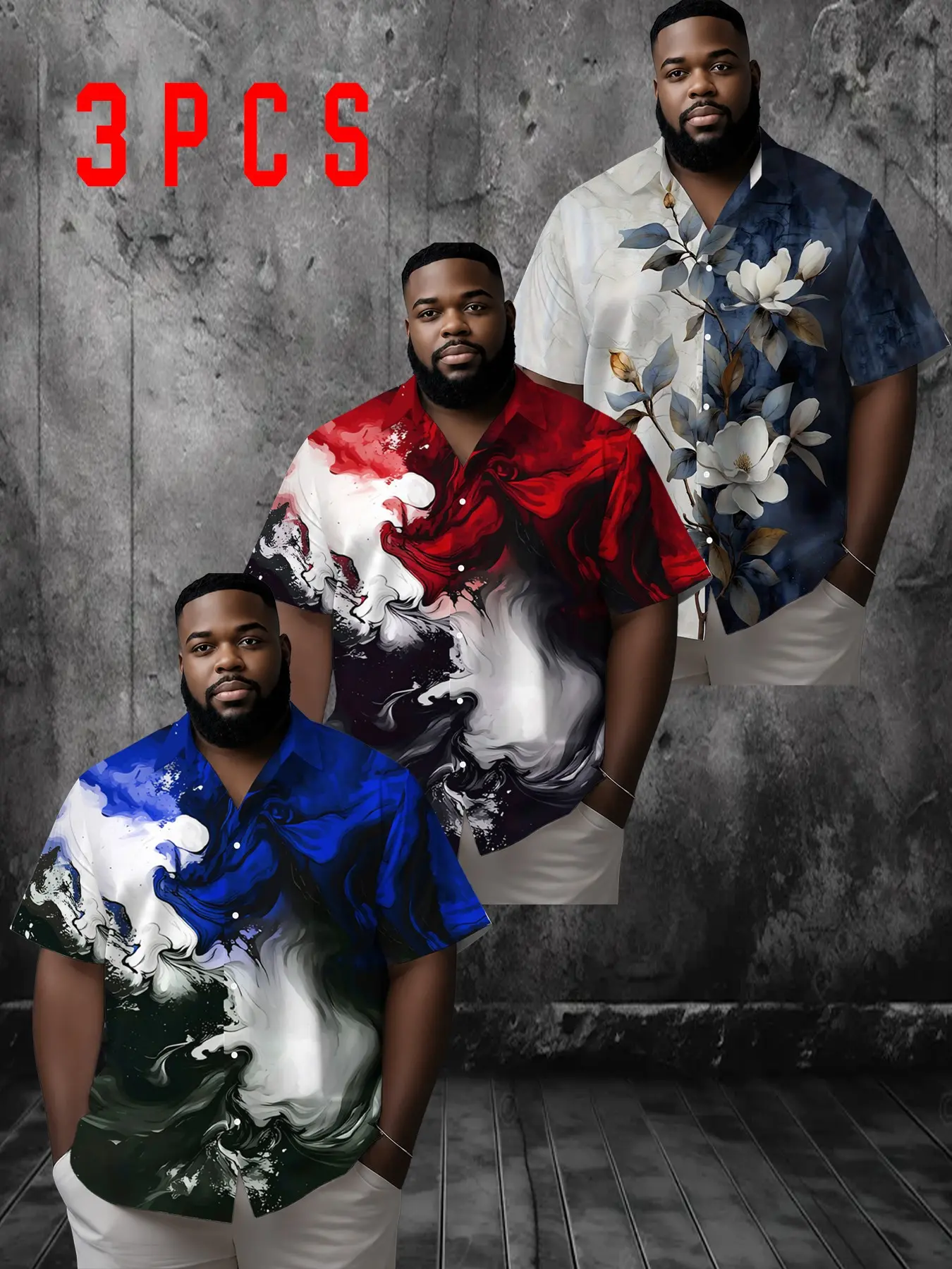 3-Pack Plus Size Men's Art Print Short Sleeve Casual Shirts, Fluid Marble Abstract Texture, Ink Wash Magnolia Multi-Design Loose Collar Tops