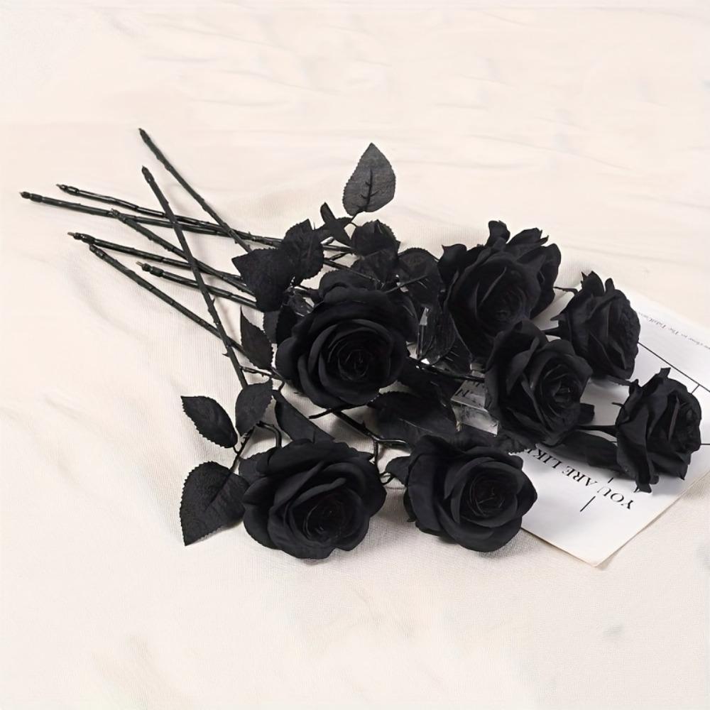 5pcs/10pcs Artificial Black Roses | Plastic Fake Flowers, Long Stem, for Halloween, Home Decor, Wedding Party, Gothic Goth Decor, Artificial Rose Bouquet