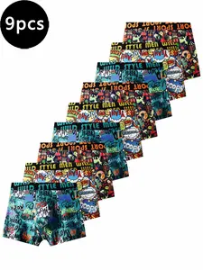 9 Pcs Trendy Men's Hip-Hugger Underwear, Graphic Random Prints, Breathable Moisture-Wicking Fabric, Casual Sportswear, Perfect Gift