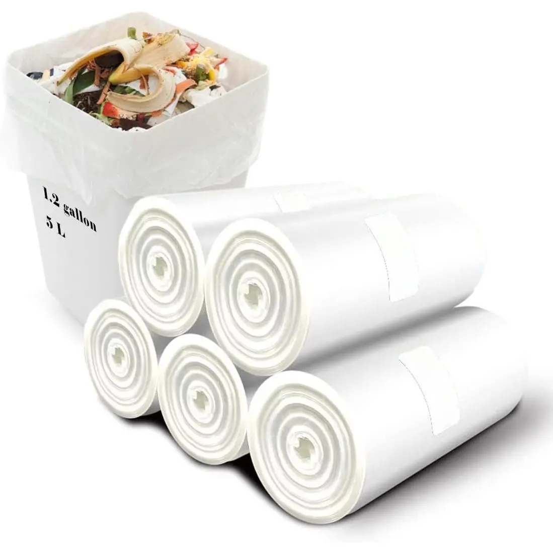 Small Trash Bags 1.2 Gallon, Biodegradable Gallon Waste Bag, Mini Compostable Strong Bathroom Wastebasket Can Liners Garbage Bags for Home Office Kitchen Fit 5 Liter 5L, 1 Gal, (120 Counts,White)