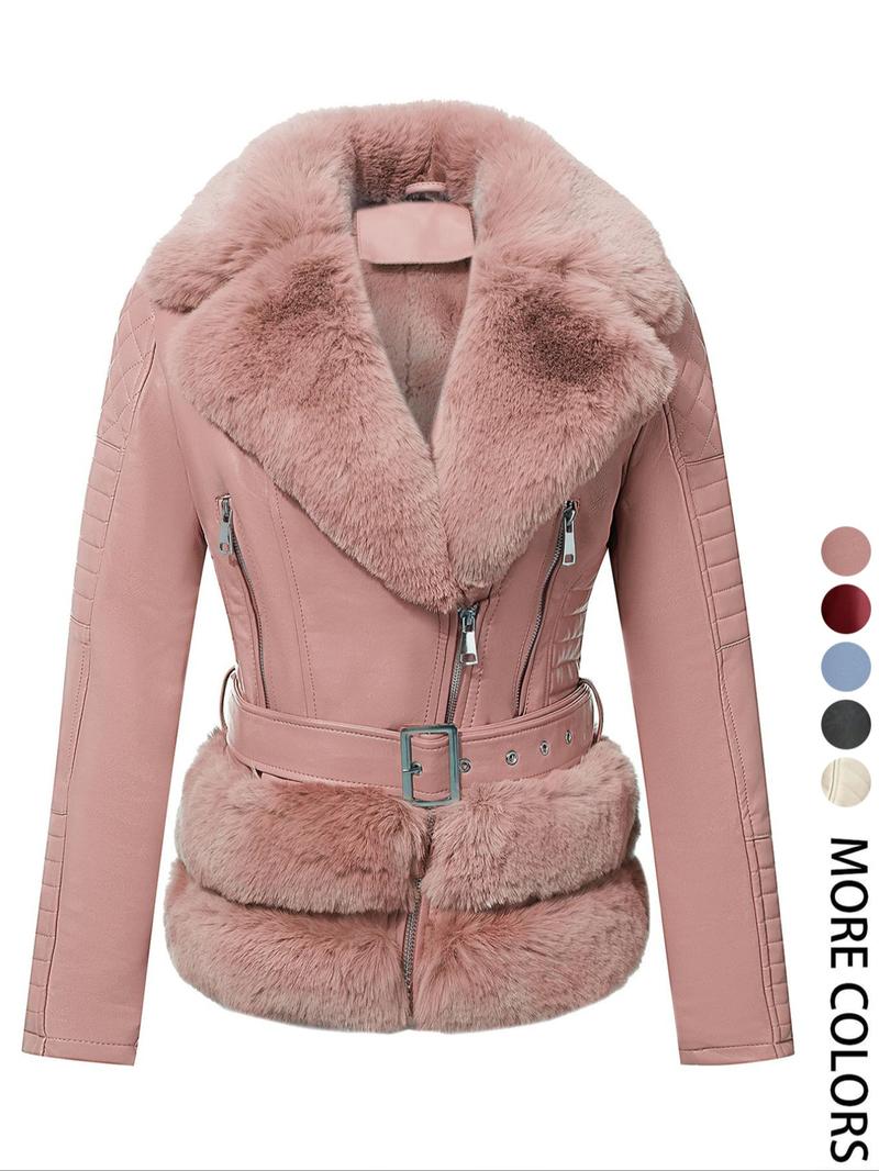 Women's Fall Winter PU Jacket, Vintage Style Fitted Long Sleeve Coat, Warm Daily Wear with Adjustable Waist Belt, Casual Plain Design