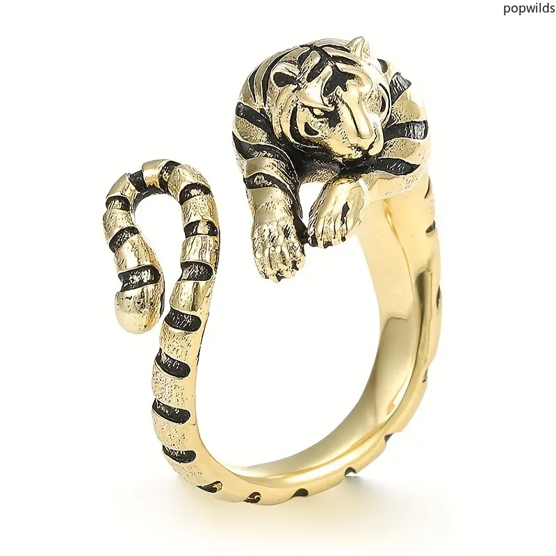 Unisex Animal Theme Tiger Motif Open Ring, Adjustable Alloy MDF+Steel Mix Band, Retro Cool Personality Fashion Costume Jewelry for Daily-Party Wear, Gift for Men-Women