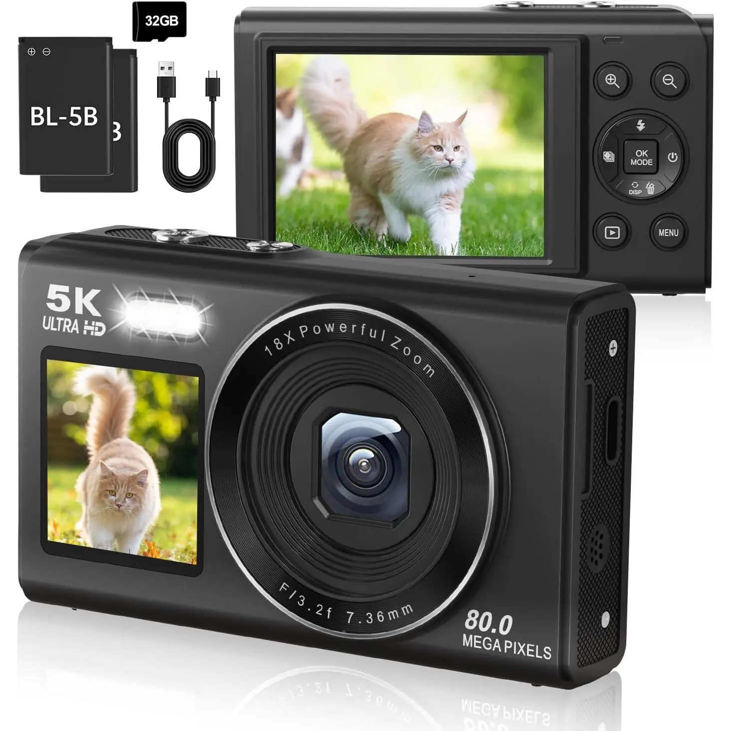 5K Digital Camera for Teens and Beginners,  Screen Compact Vlogging Camera with 18X Digital Zoom, Point and Shoot for Travel, 32GB Card and 2
