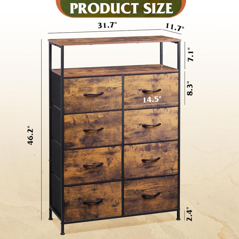 Fabric Dresser for Bedroom with Open Shelves, Tall Dresser with 8 Drawers, Storage Tower with Fabric Bins, Chest of Drawers for Closet, Hallway, Rustic Brown  Grain Print