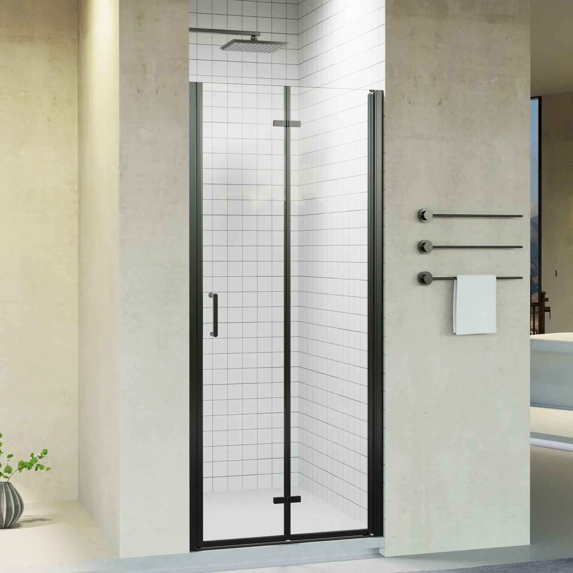 ARCH Frameless Pivot Bifold Shower Door - 32-33.5in Adjustable Width, 32x72in Size, 1/4in (6mm) Tempered Glass, Matte Black Finish, Reversible Left/Right Open, Leakproof, Aluminum & 304 Stainless Steel Bathroom Walk-in Panel, Pivot Door