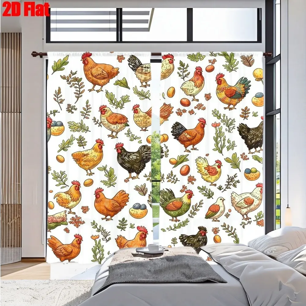 2D Flat 2Pcs Chicken Farm Pattern Window Curtains with Cute Hen and Rooster Design, Farmhouse Country Style, High Definition Print, Spring Themed Decor, All-Season for Home Living Room Bedroom Study Cabinet Decoration