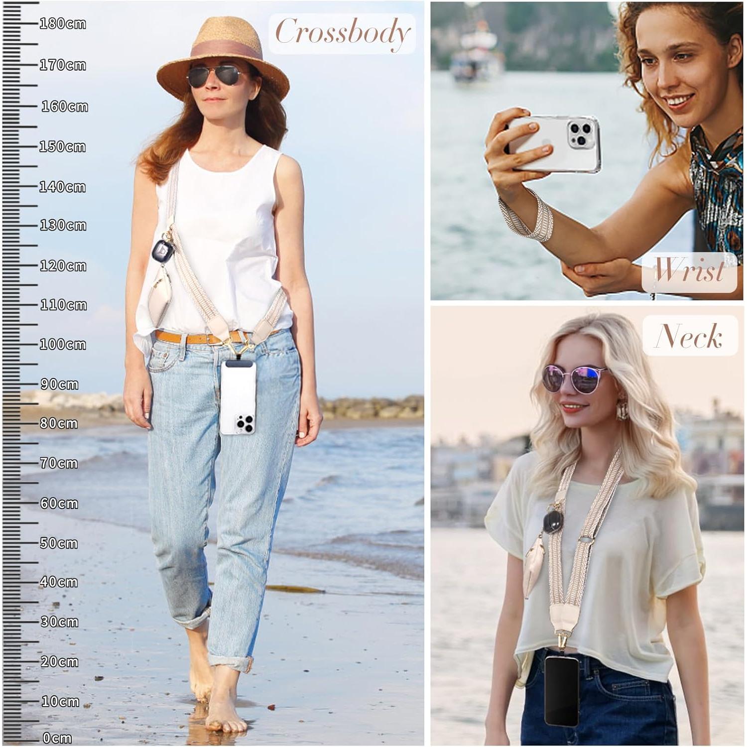 Bohemian Beige Fabric Clip-and-Go Mobile Phone Strap Accessory with Larger Capacity Wallet Crossbody, Detachable Wrist Strap, Alloy Zippered Pouch, 2 Nylon Tabs, Synthetic Details - Anti-Loss, Fits Phones, Compatible with Earbuds, Accessories, Includes Po