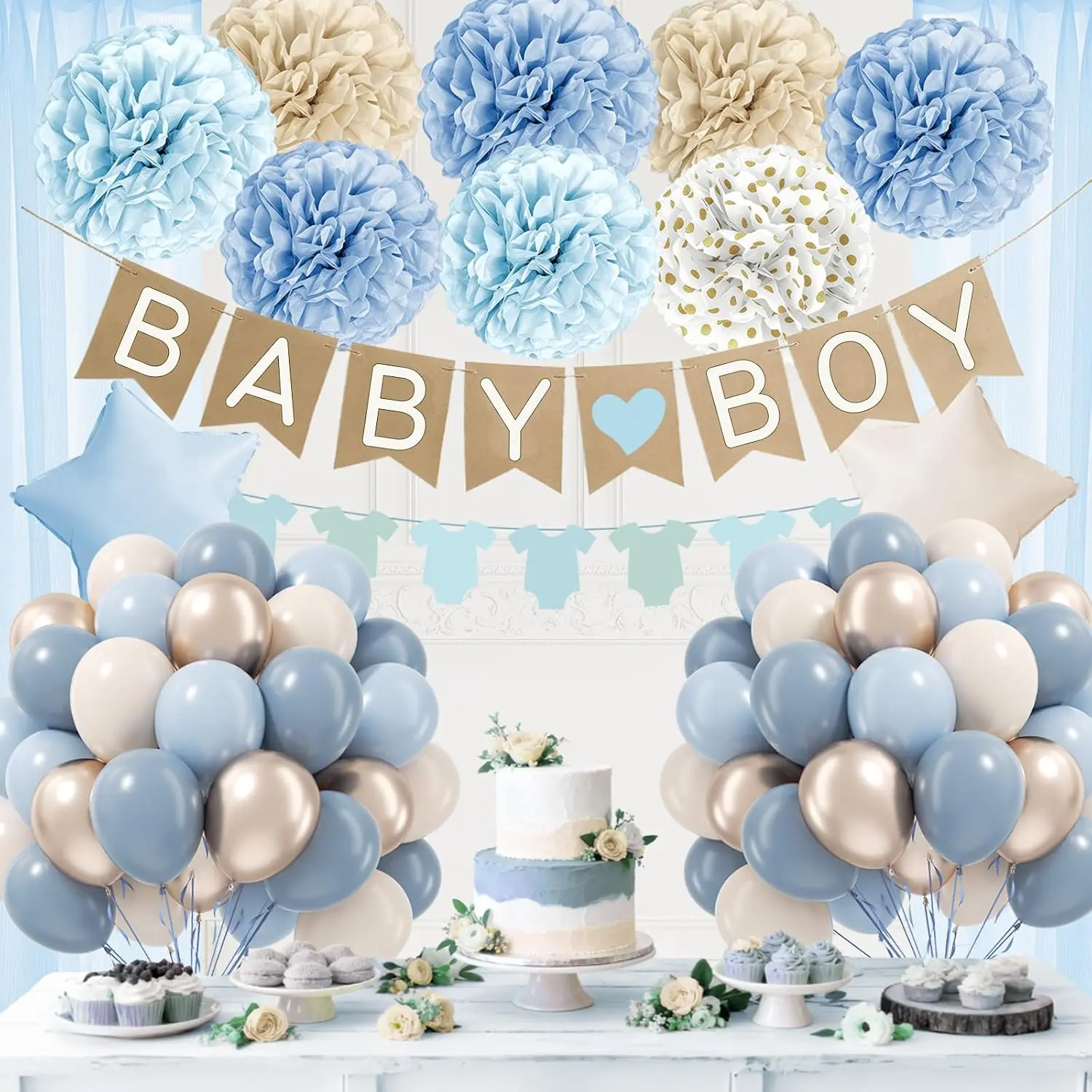 Dusty Blue  Shower Decorations with Blue Sand White  Paper Pompoms | Dusty Light Blue Sand White Metallic  Balloons, Banner, ,  Shower Decorations