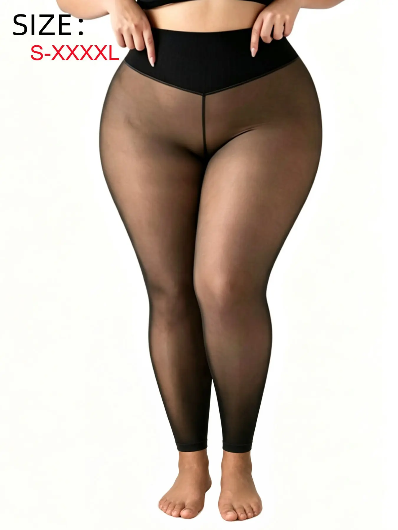 Sizes S-4XL available. High-waisted design with faux sheer skin effect, 4-way stretch, tummy control and shaping. Women’s thermal-lined leggings, thick fleece-lined footless tights, heavy semi-sheer base leggings. Comfortable for wear in cold weather.