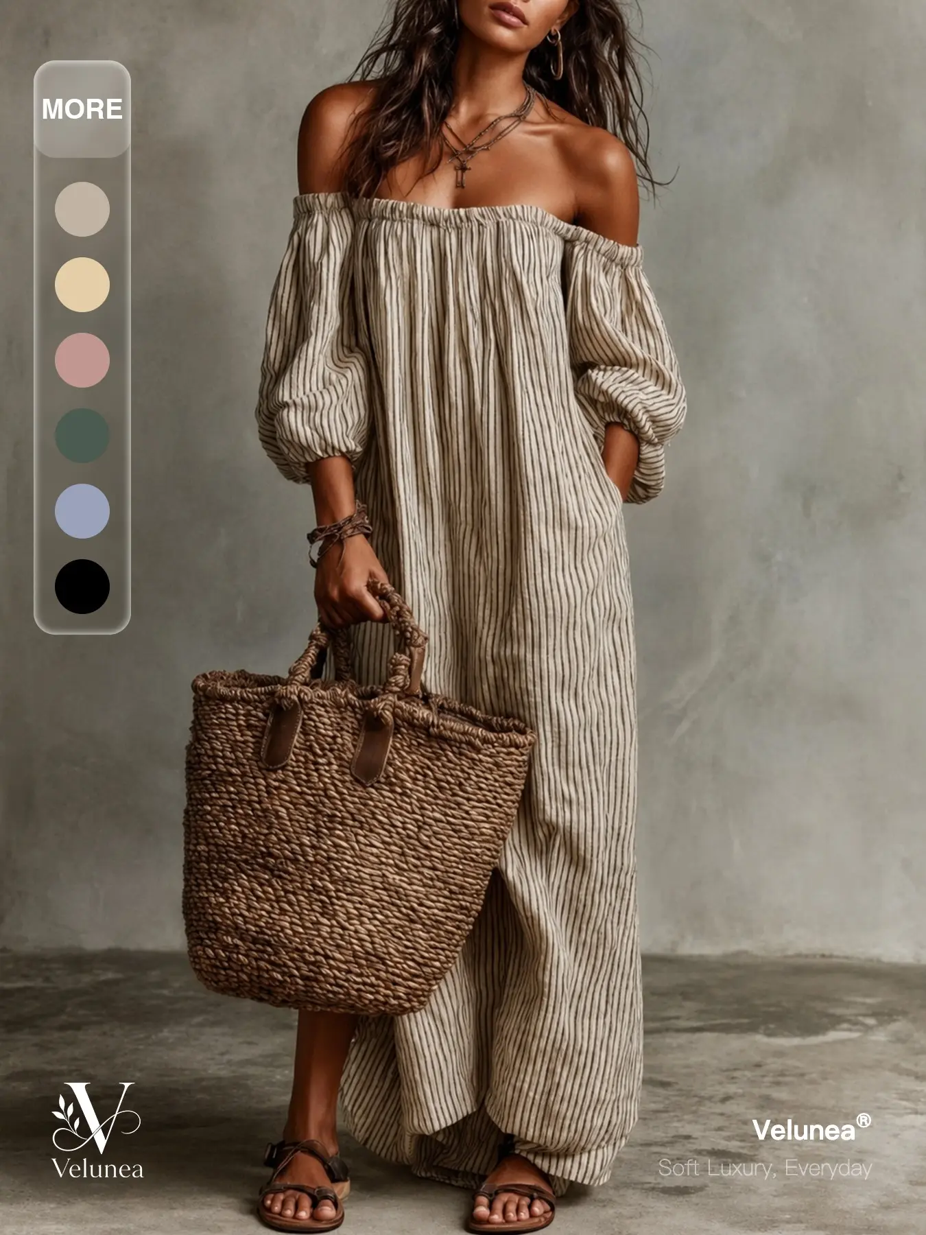 Velunea Women’s Off Shoulder Striped Maxi Dress, Loose Boho Long Dress with Lantern Sleeves, Casual Flowy Resort Dress for Vacation Summer Wear