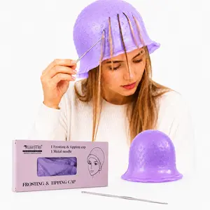 Frosting & Tipping Cap Set, Unpunched Silicone Hair Highlighting Cap with Metal Hook Needle, Reusable DIY Hair Coloring Cap Kit for Highlights, Streaking, Frosting, Tipping and At-Home Salon Hair Dye