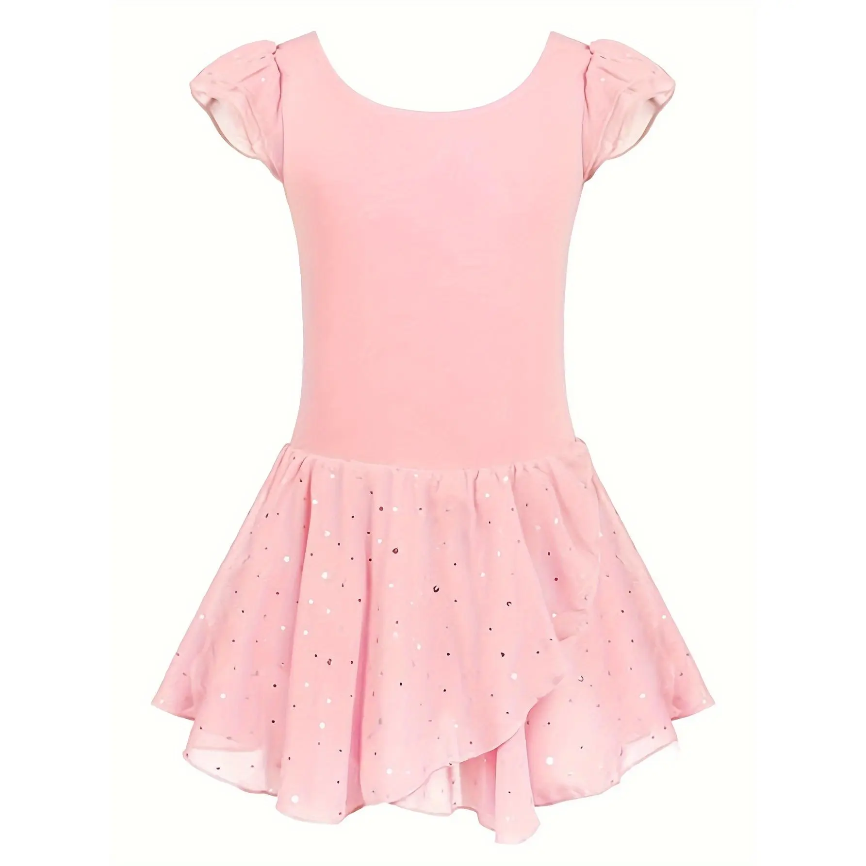 Girls' Cute Leotard Dress, Solid Slim-Fitting Ballet Costume in Stretchy Chiffon with Sequin Trim for Stage Wear, Female, Dance Costume