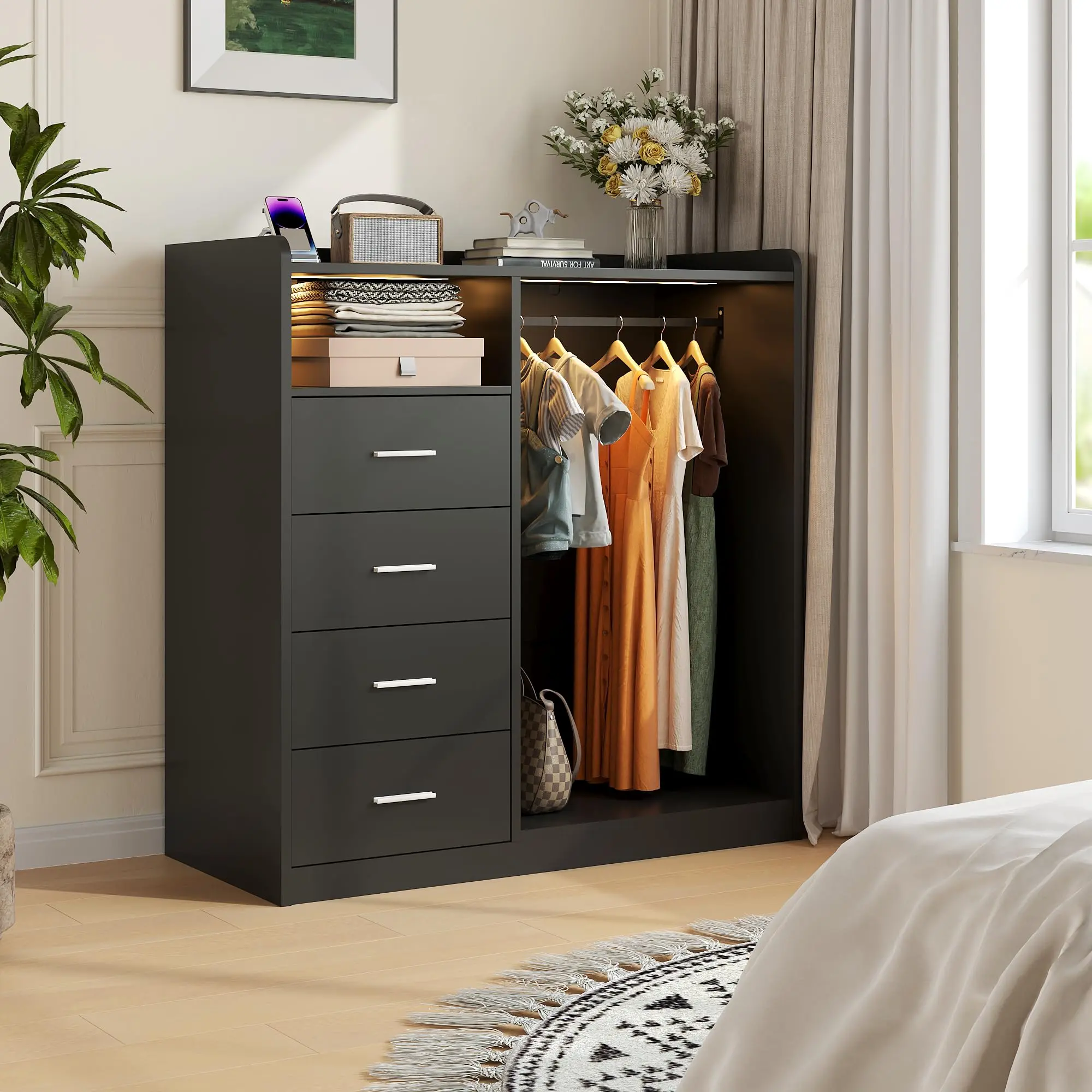 4-Drawer Free-Standing Wardrobe - Bedroom Organization Furniture with Hanging Rack, LED Lighting, Charging Station, Open Shelves, Sturdy Base, High Capacity Dresser Storage Unit for Small Space Bedroom, Apartment Closet Solution, Free-Standing Wardrobes