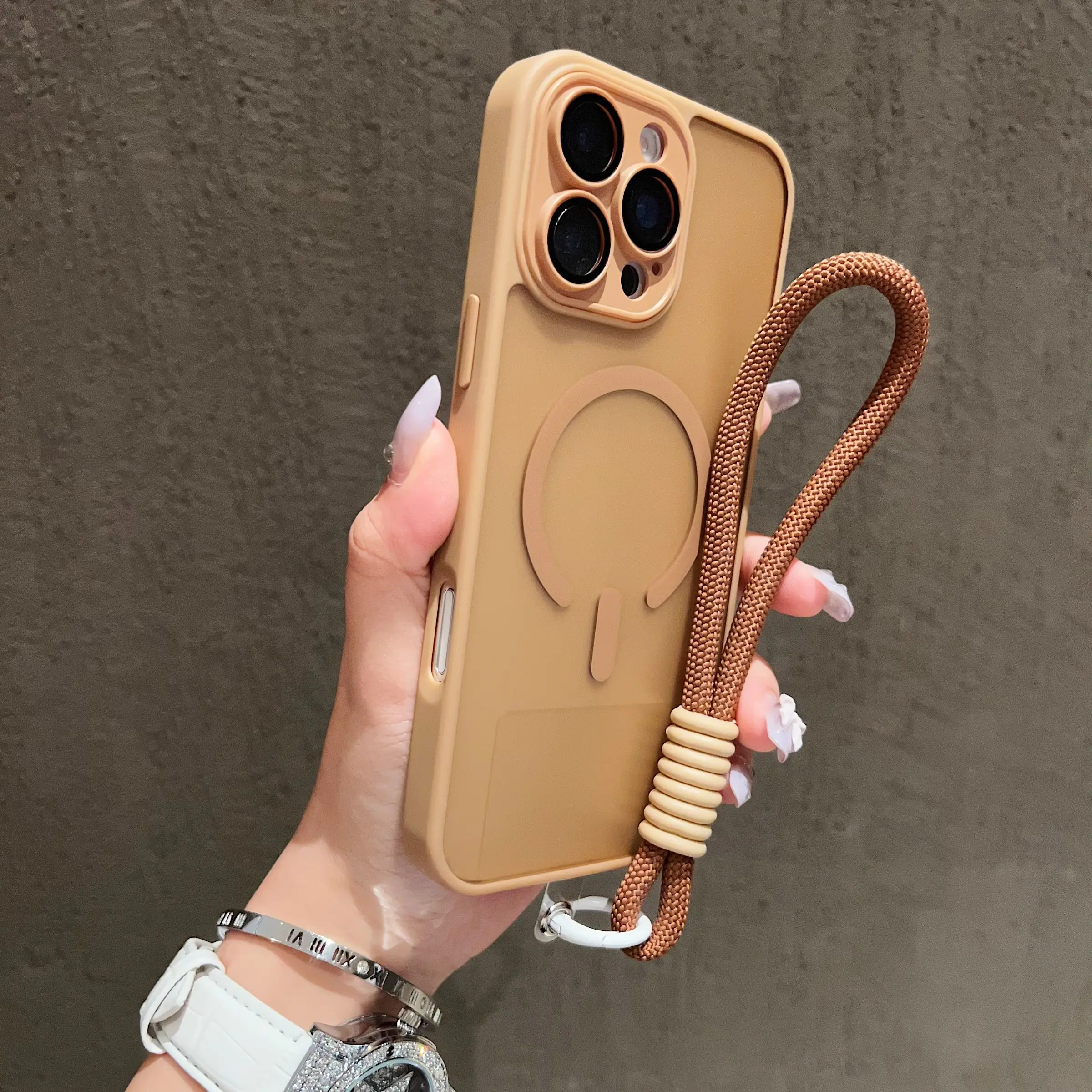 A bright case with power icon, contrasting hanging rope, portable design, trendy style, anti drop border, comfortable grip phone protective case suitable for iPhone 17 Air/Pro Max 13/14/15/16 E/Plus