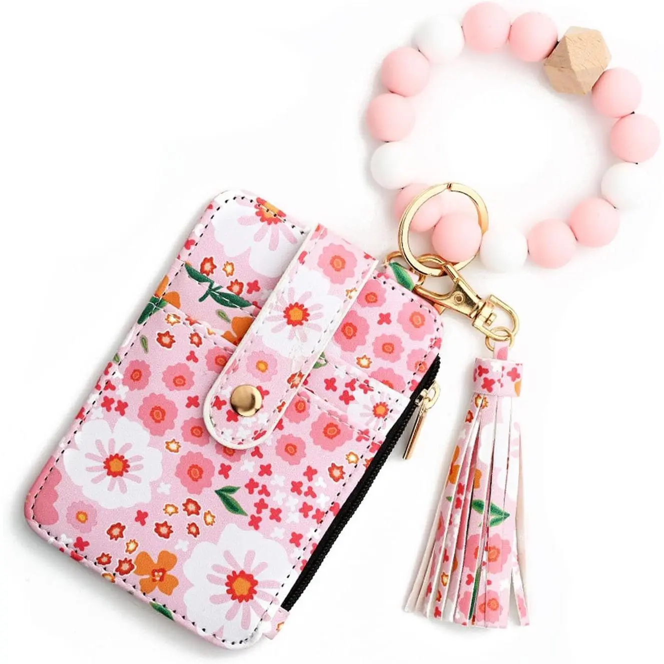 Women's Floral Multi-Function Silicone Beaded Short Wallet - Keychain Wristlet Bracelet, Credit Card Holder Key Ring, Cute, Chic, Multi Functional Wallet, Trendy Wallet
