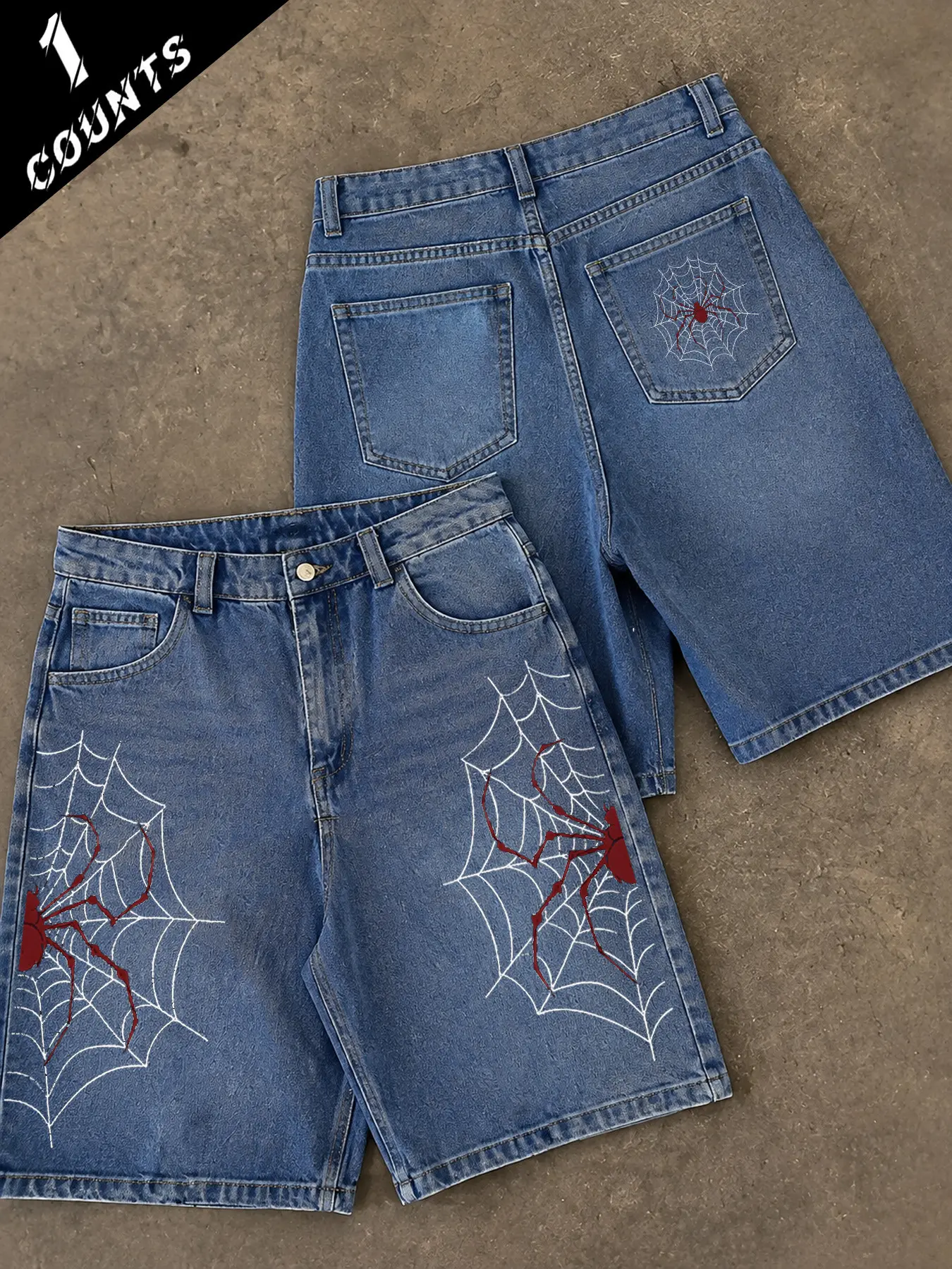 Men's Loose-Fit Denim Shorts, Spider Web Dark Pattern Print, Summer Casual Fashion, Comfortable and Stylish, Ideal for Daily Wear, Casual Graphic Shorts