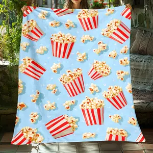 1Pc Glam Style Popcorn Print Flannel Blanket, 100% Polyester, All Seasons Knitted Lightweight Warm Throw, Digital Print, Tear Resistant, 200-250Gsm, For Sofa, Bed, Travel, Camping, Office, Couch, Chair