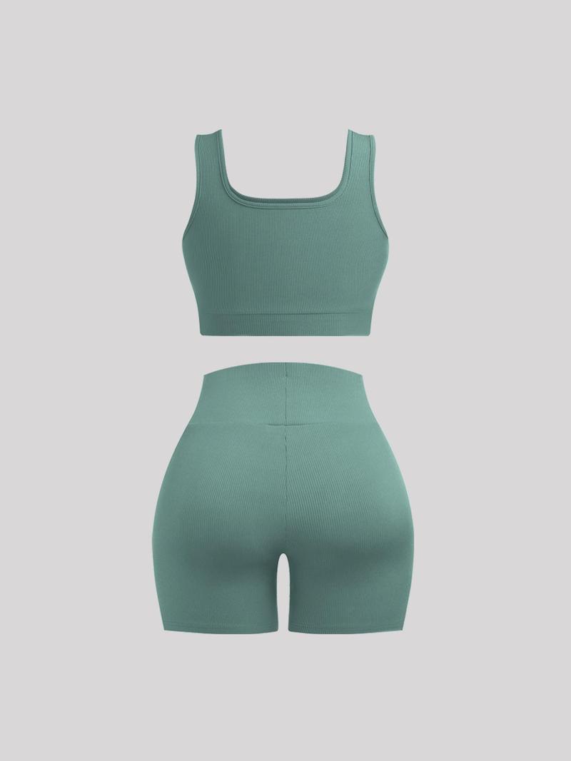 Women's Solid Ribbed Set, Casual Crop Tank Top & High Waist Skinny Shorts, Summer Outfits, Womenswear
