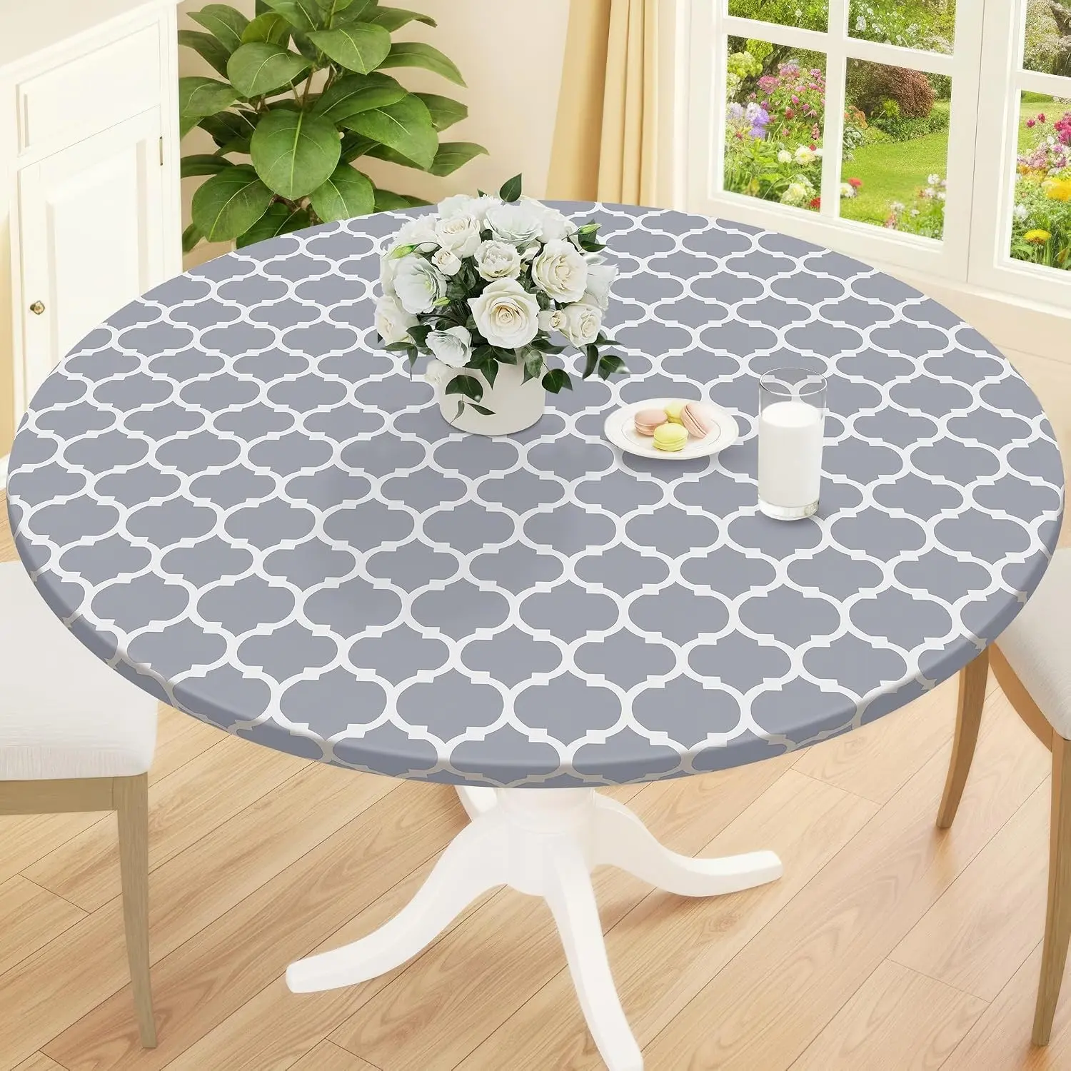 Round Picnic Tablecloth, Waterproof Elastic Fitted Table Covers for 36" - 44" Tables, Wipeable Flannel Backed Vinyl Tablecloths for Camping, Indoor, Outdoor, Grey & White
