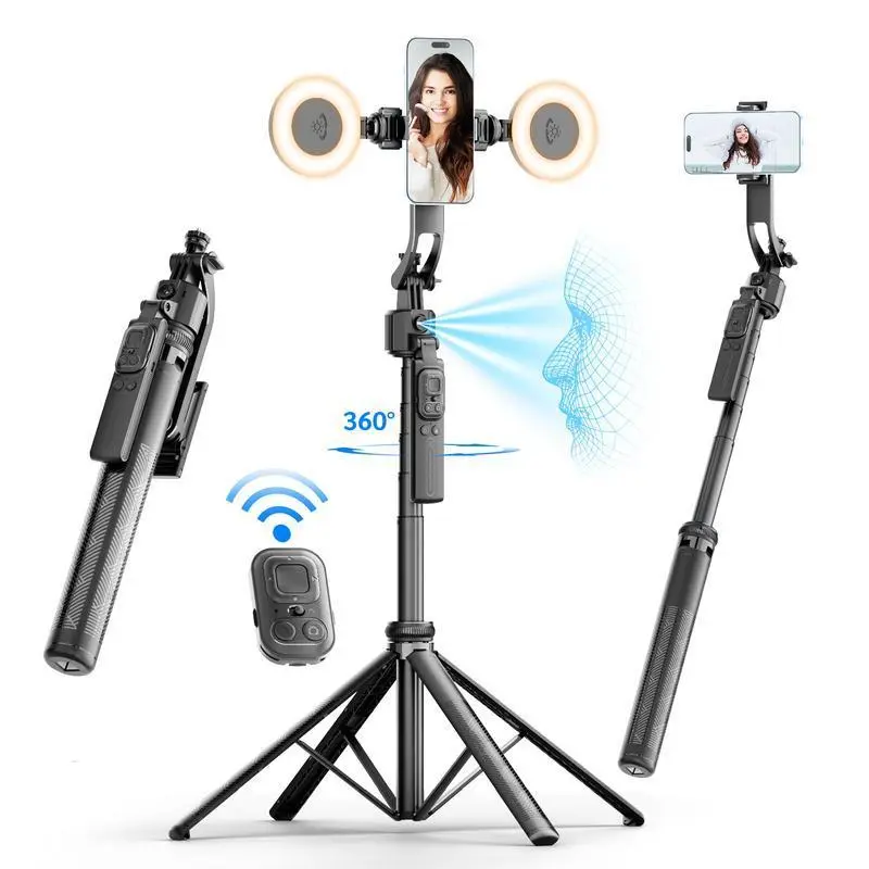 64" Auto Face Tracking Phone Tripod for iPhone/Android 360° Rotation SelfieStick Tripod with Bluetooth Remote Control Panoramic Tracking for Live Streaming Videos Recording Adjustable RGB Selfie Ring Light Set Wireless Stick Smart Bed Compatible