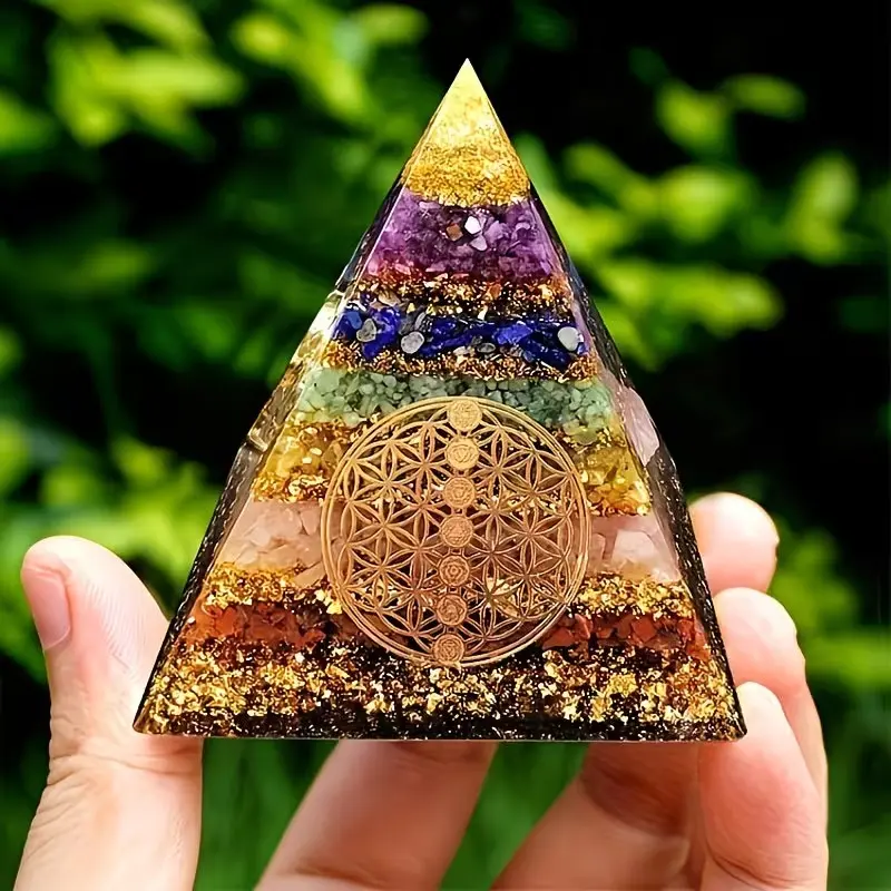 Chakra Orgone Pyramid, Natural Crystal Stone, Flower of Life Energy Generator, Healing Orgonite for Meditation, Yoga, Home Office Decor