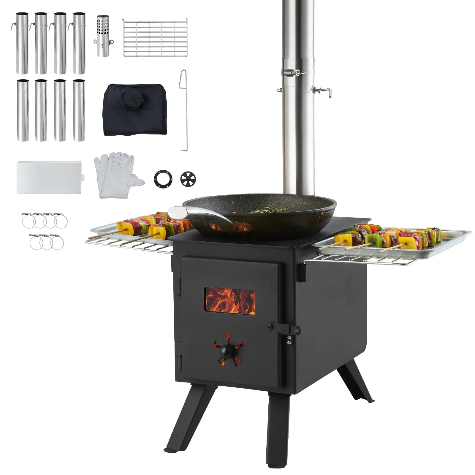 【DealsForYouDays】VEVOR Wood Stove, 86 inch, Alloy Steel Camping Tent Stove, Portable Wood Burning Stove with Chimney Pipes & Gloves, 1400in³Firebox Hot Tent Stove for Outdoor Cooking and Heating with 8 Pipes