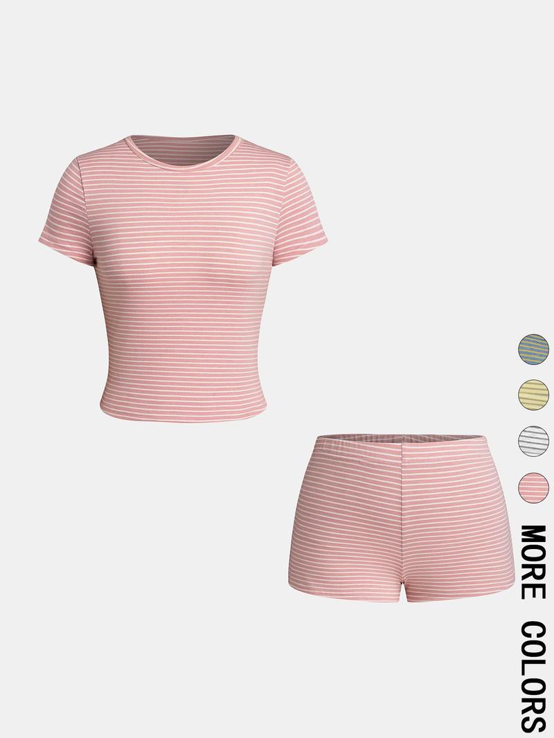 Valentine's Day Two-piece Set Women's Striped Print Crop Tee & Shorts, Casual T-shirt & Shorts for Daily Wear, Ladies Two-piece Set for All Seasons, Clothes