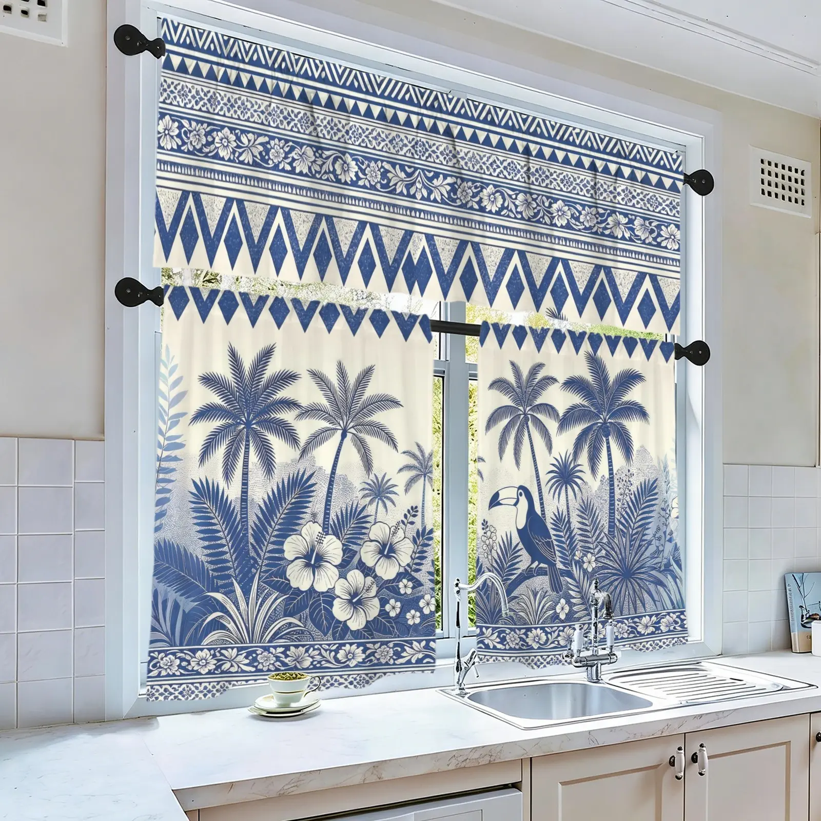 Coastal Beach Tier Curtain Sets Semi Sheer Light Filter Rod Pocket Short Window Drapes, Privacy Shield Machine Washable Oil Resistant Curtain Combos Multi Use for Kitchen Bathroom Bedroom Cafe Farmhouse Indoor Decor