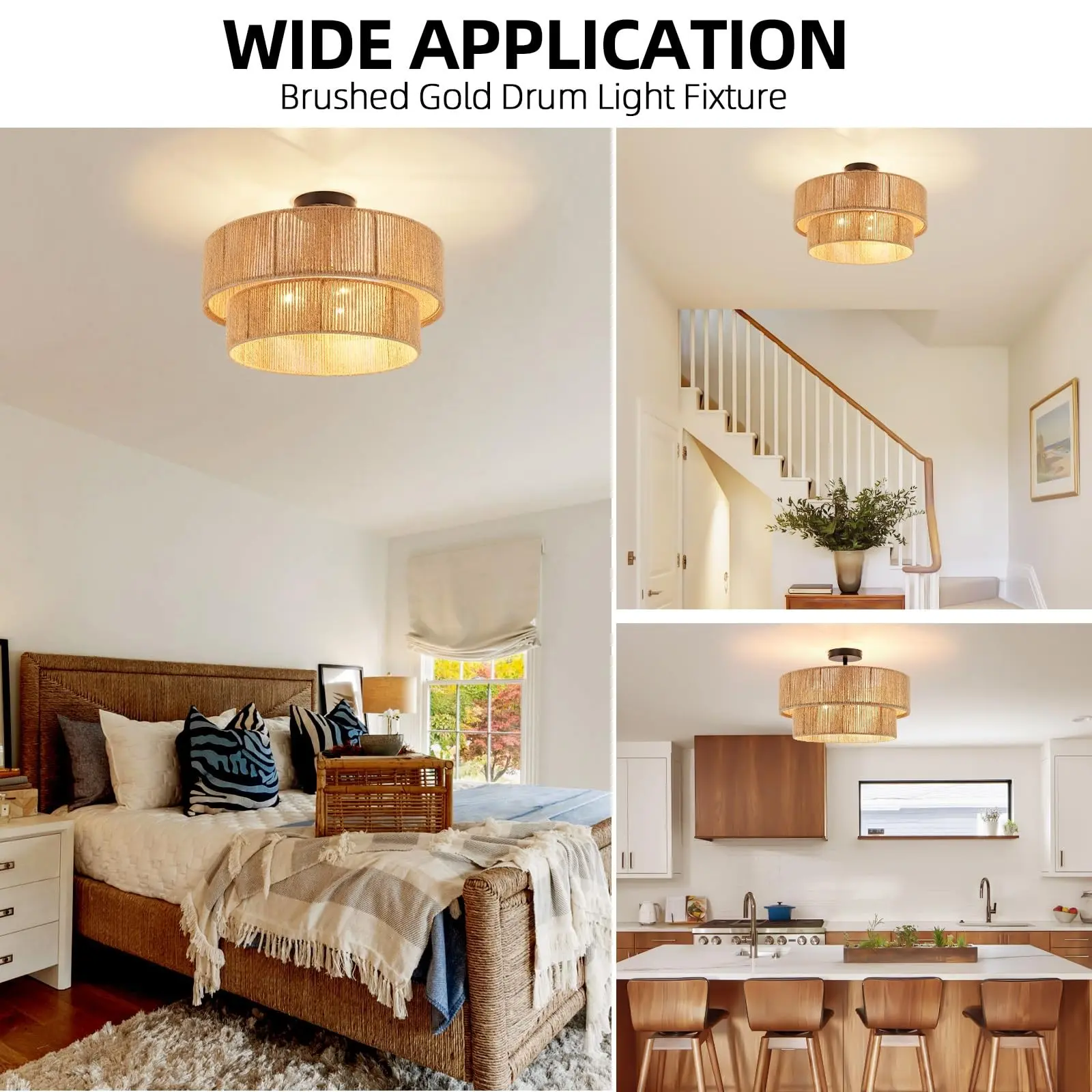 Retro Rope-Braided Pendant Light, LED Ceiling Light, 3×E27 Sockets (bulbs not included), Rattan Ironwork Design, For Living Rooms, Dining Rooms, Coffee Shops, Bedrooms, and Other Indoor Settings (Wiring Required)