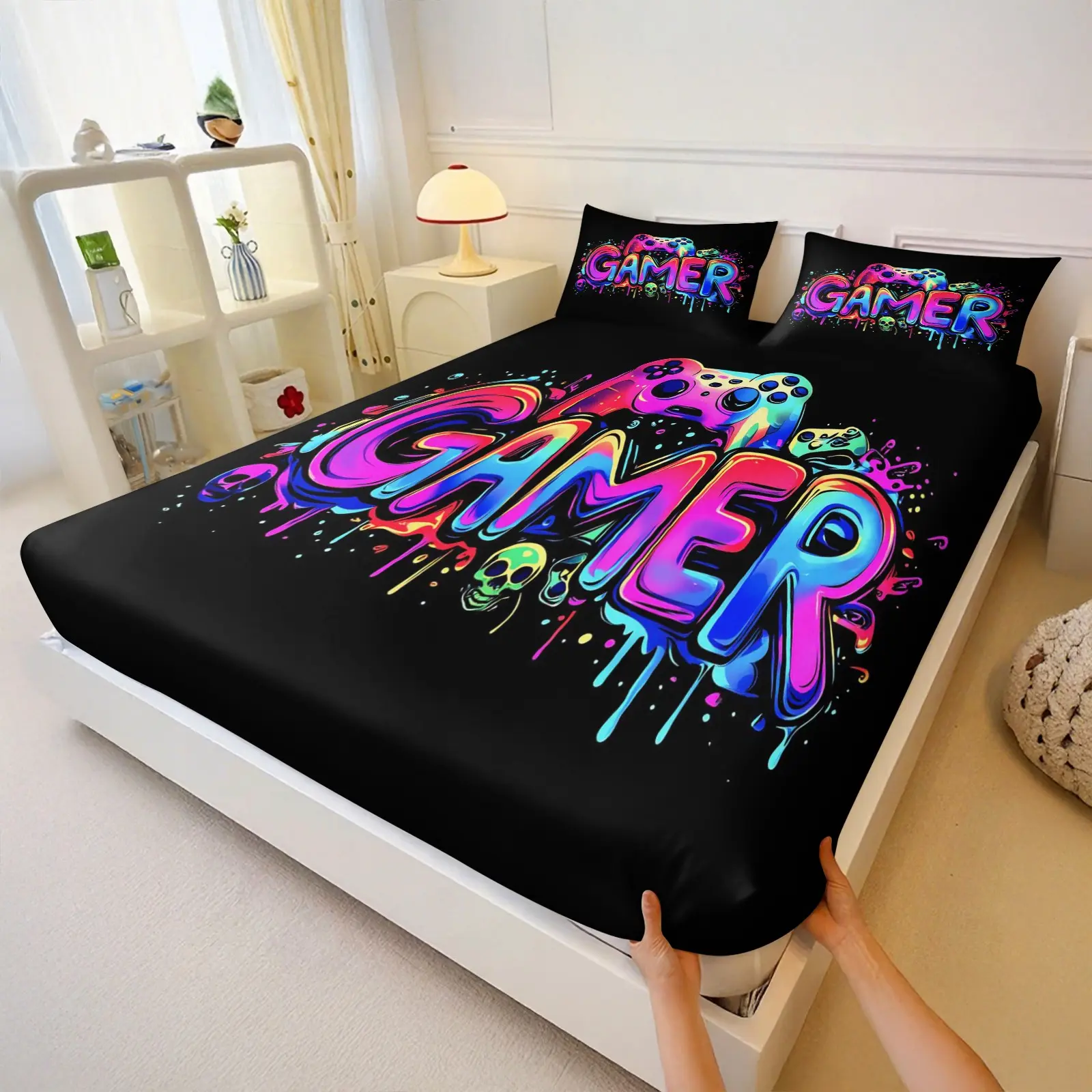 Gamer Skull Game Controller Bed Sheet Set, Background Rainbow Design, Soft Microfiber Material, Ideal for Teens' Bedrooms