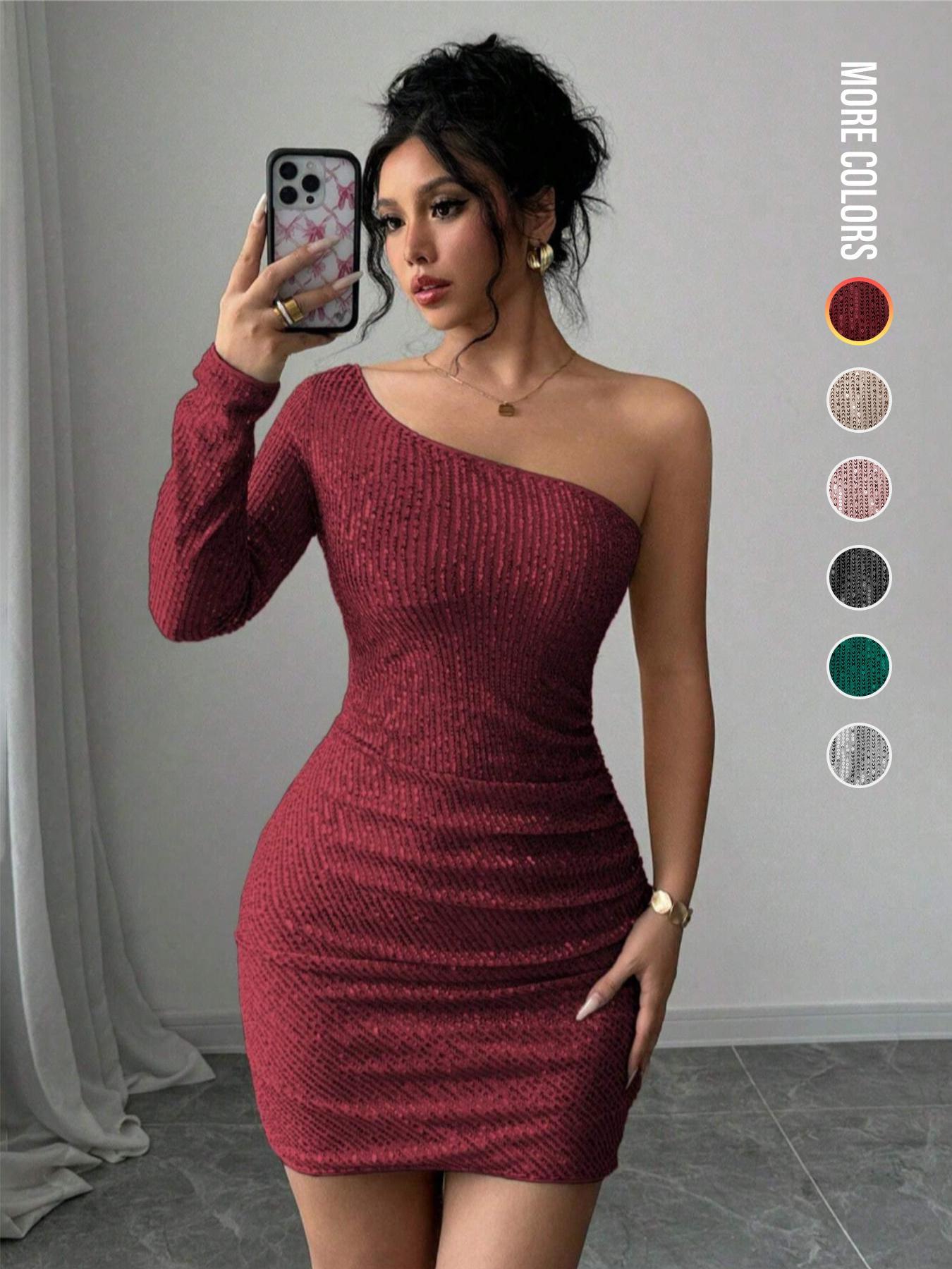 Women's Off Shoulder  Sequins Bodycon Fit Dress, Elegant Fashion Short Dress for Party Club Dating Formal Wear, Ladies Dress for All Seasons