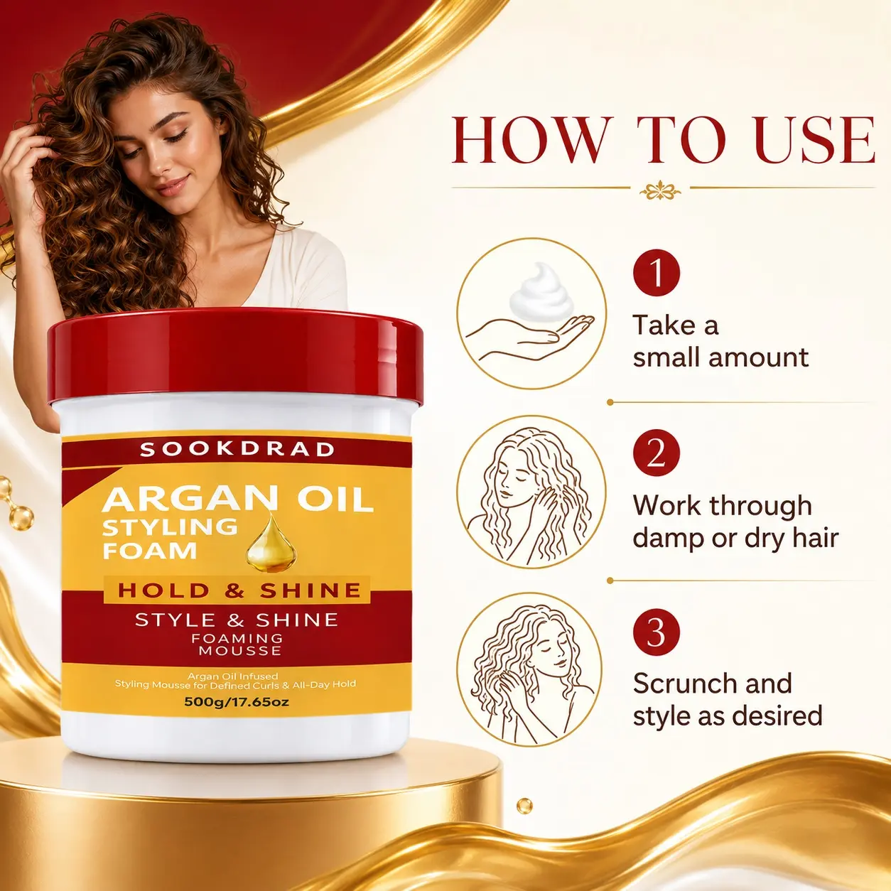 Argan Oil Infused Styling Mousse, All Day Hold, Luminous Shine, Defined Curls, Daily Hair Styling, 500g/17.65oz
