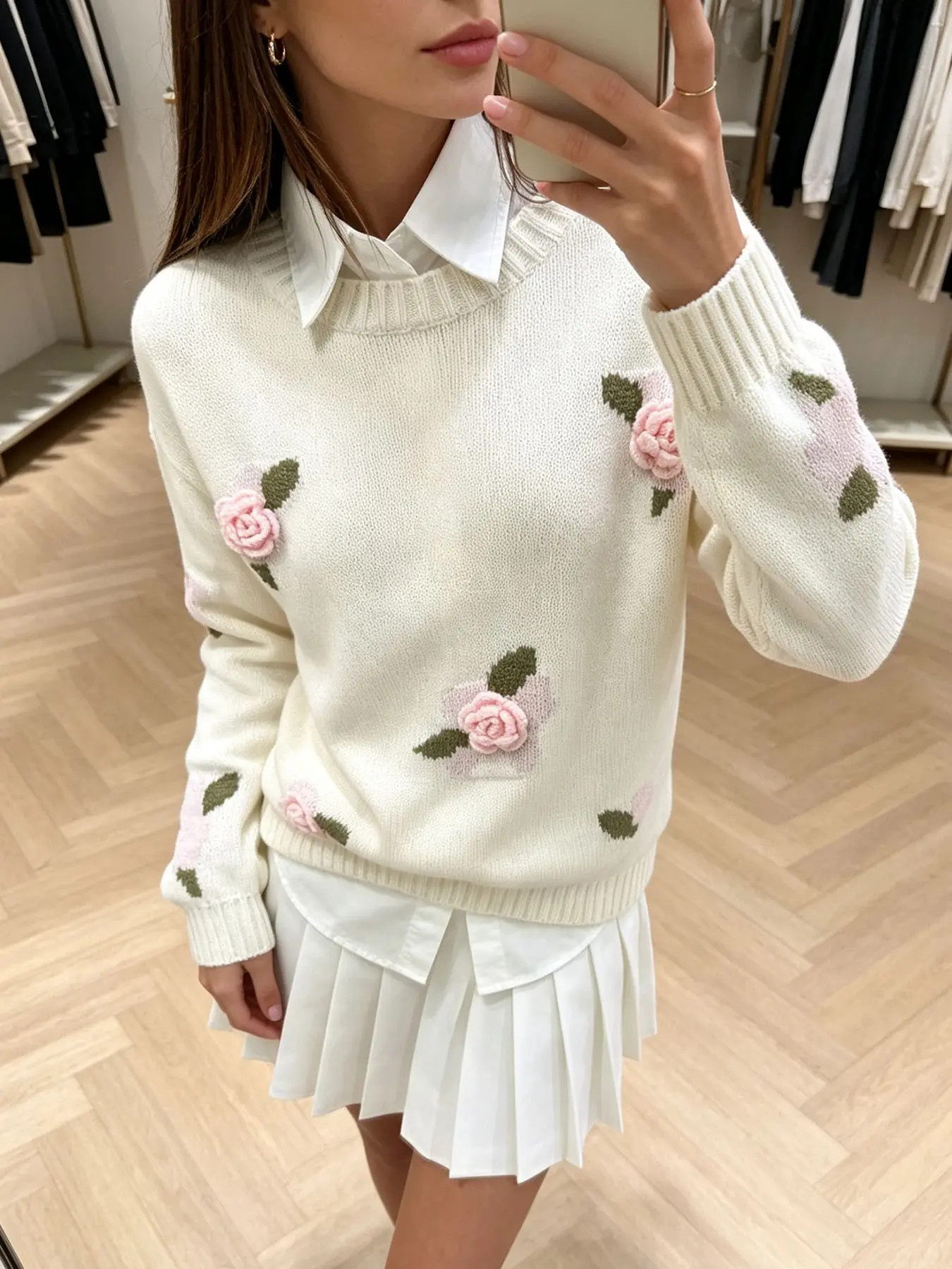 Elegant Casual Chic 3D Floral Knit Sweater, Crew Neck Loose Fit Long Sleeve Pullover, Winter Party Office for Women