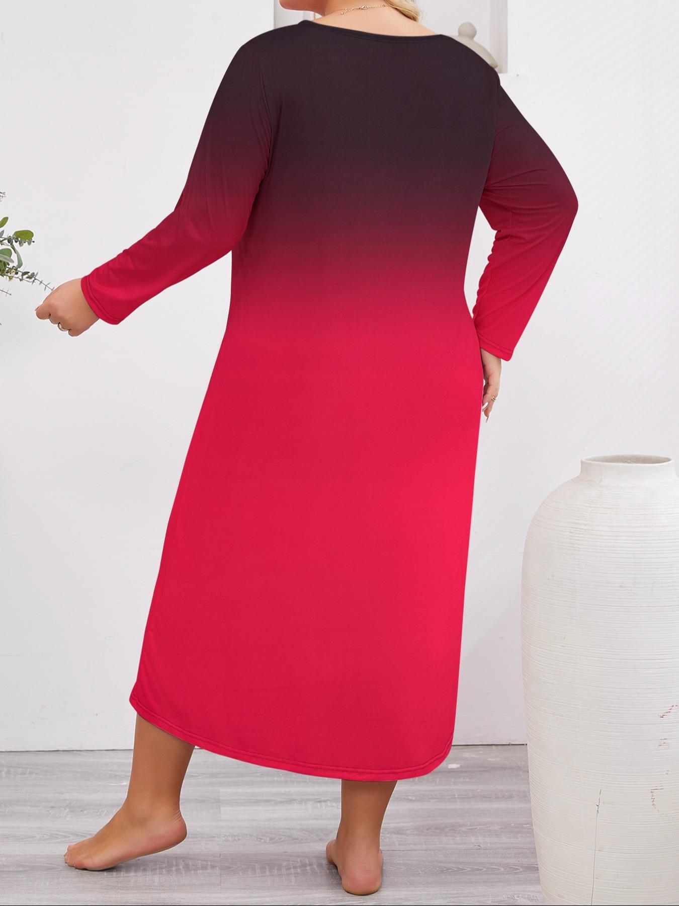Plus Size All Over Print Round Neck Nightdress, Casual Long Sleeve Nightgown, Women's Sleepwear for Spring & Fall