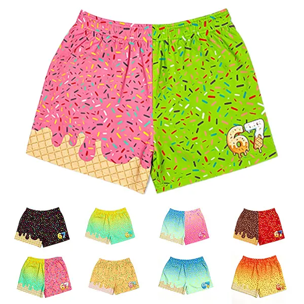 Boys' Ice Cream Drip Print Mesh Shorts (67 Version) - Lightweight Mesh Fabric, Breathable Stretch, Loose Fit, Trendy Summer Streetwear Essential, Kids Sizes Athletic Casual Bottoms, Dripping Colors