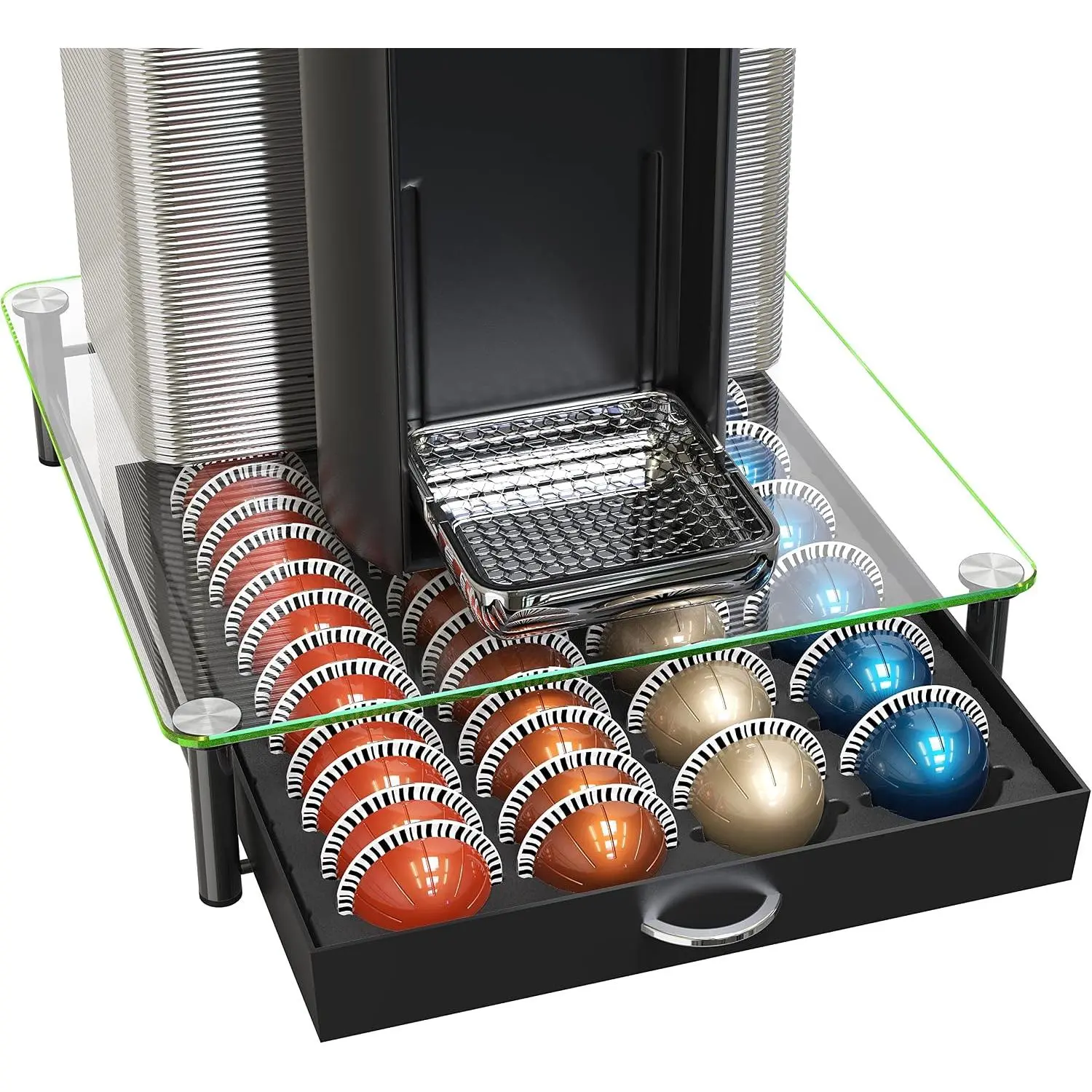 Tempered Glass Vertuo Pod Holder, Fits 24 Large/48 Small Pods | Compatible with  Capsule, Black