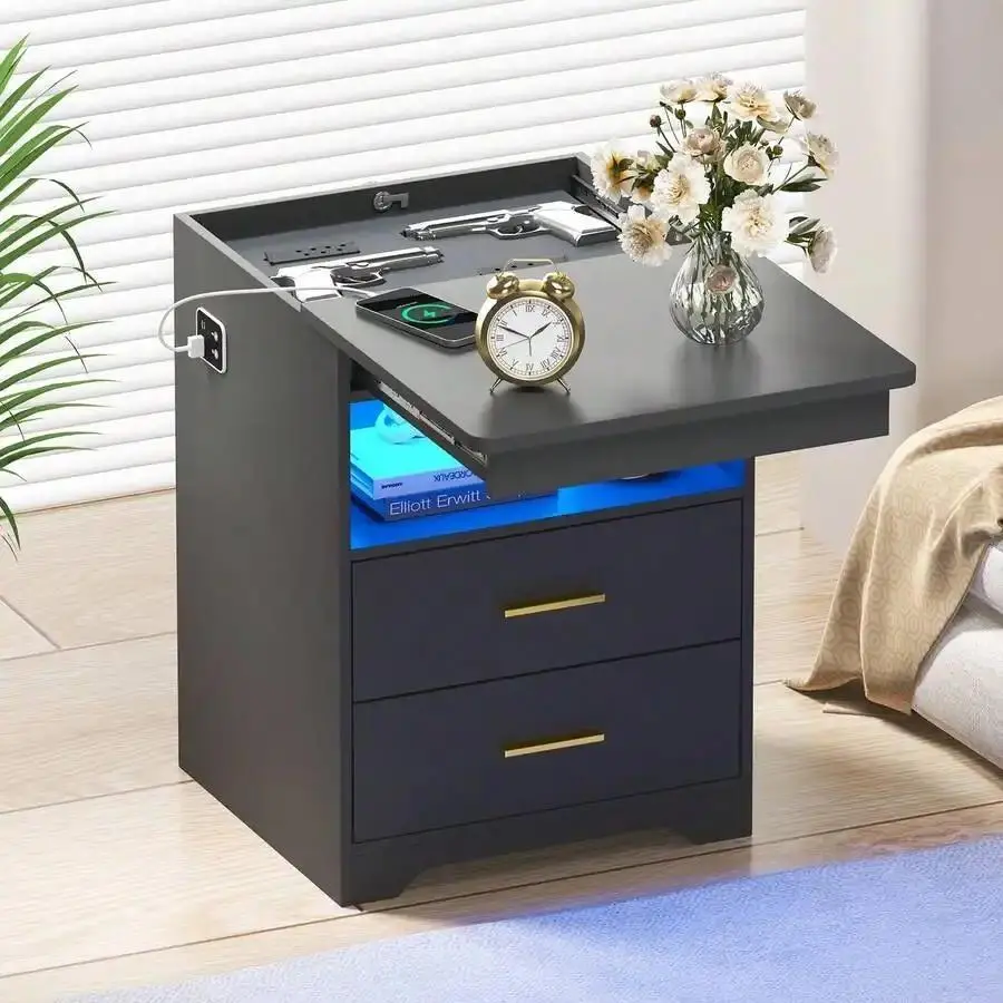 One Size Rectangular Classic Inlaid Marble LED Smart Nightstand - Single Unit, High-Gloss 3-Drawer Bedroom Bedside Table with Wireless Charging Station, USB/Type-C Ports, Human Body Induction, 20 Color Light Modes (Black/White)