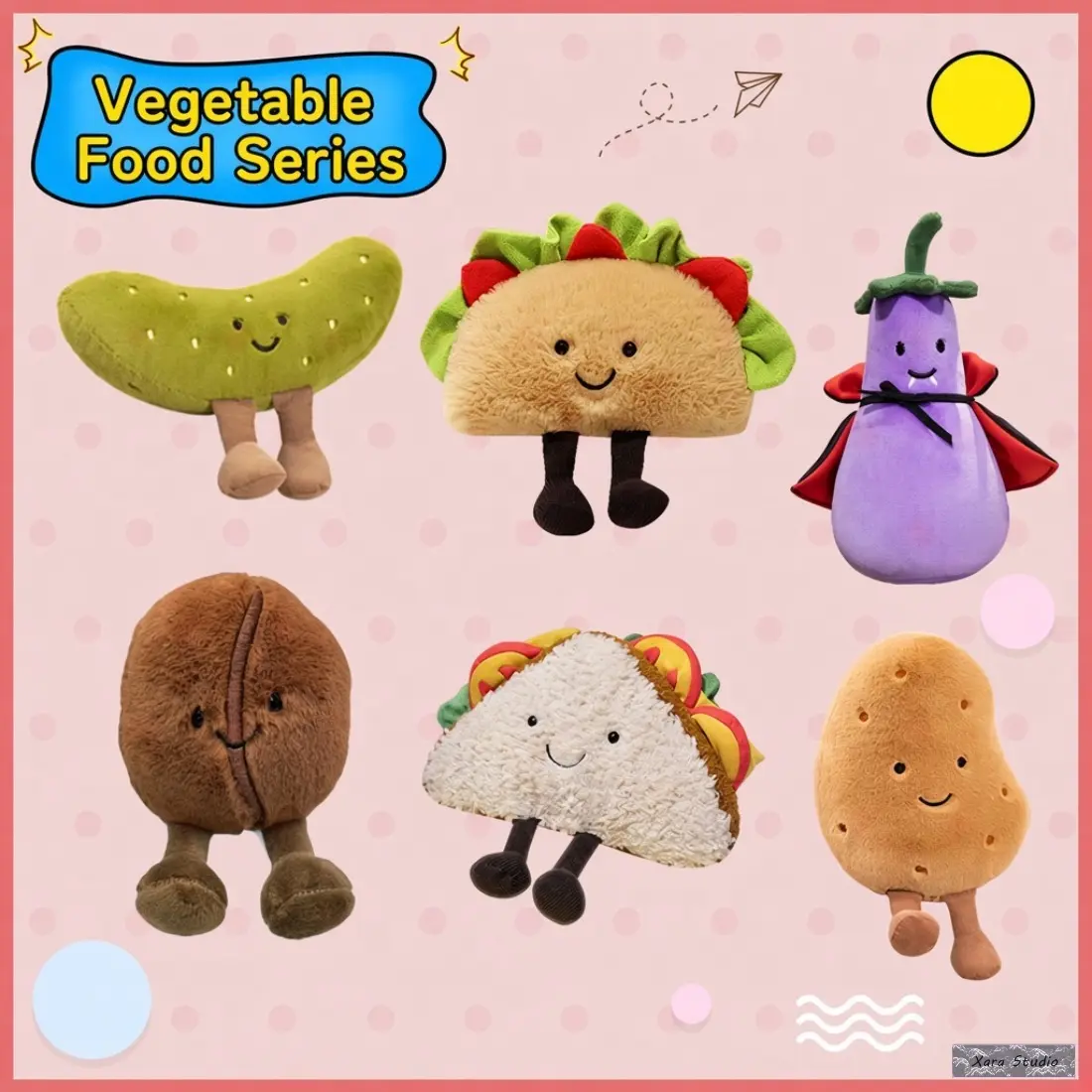 Cute Food Plush Doll, Kawaii Vegetable & Snack Stuffed Toy with Taco, Cucumber, Potato & Coffee Bean Designs, Soft Funny Desk Decor for Bedroom, Office, Kitchen, Car & Gift Giving