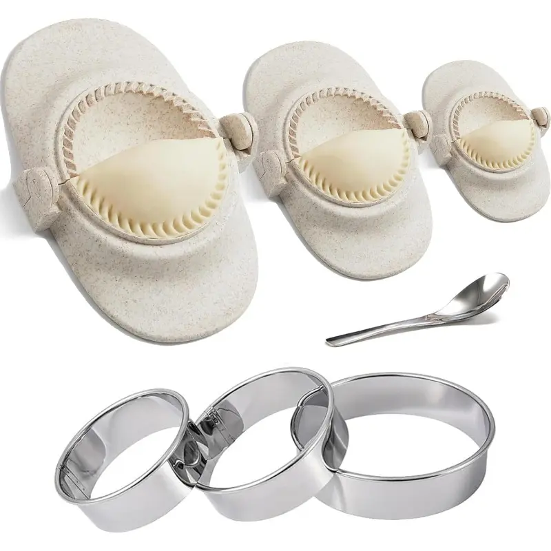 7Pcs Wheat Straw Dumpling Maker Molds Multi Size Quick Dumpling Press With Stainless Steel Dough Cutters Filling Spoon Household Wonton Making Tool Set Cooking Tools