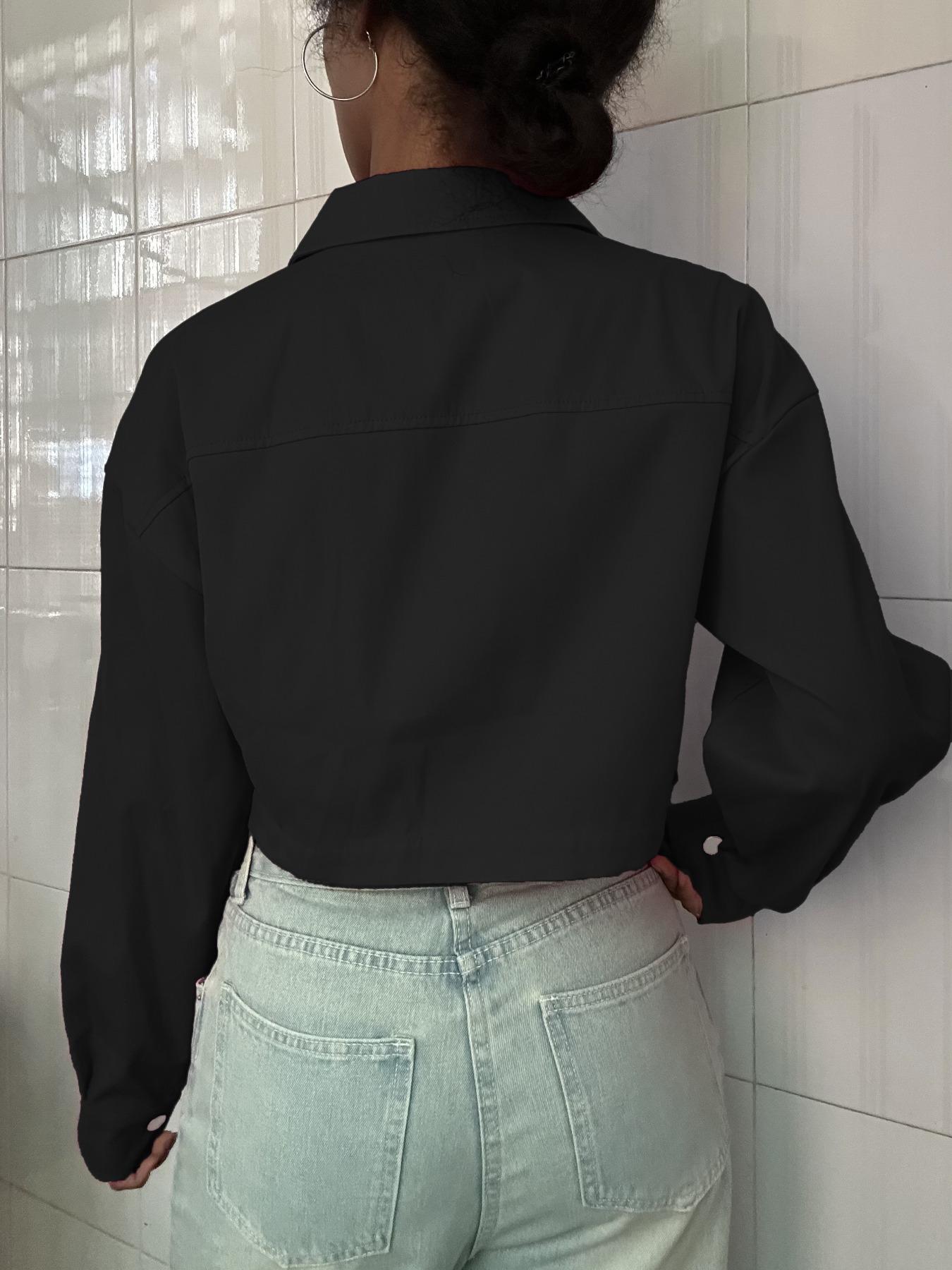 Women's Solid Button Front Drop Shoulder Crop Jacket, Casual Long Sleeve Collared Coat Outerwear for Fall & Winter, Ladies Clothes for Daily Wear