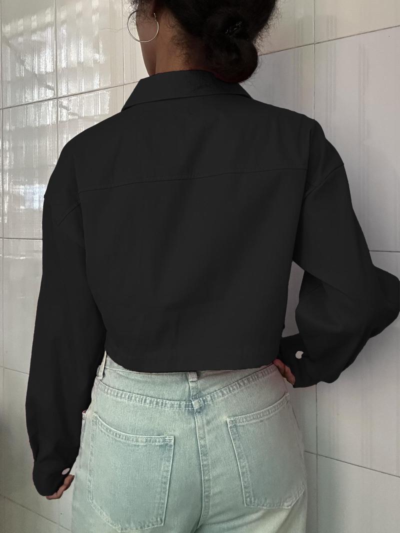 Women's Solid Button Front Drop Shoulder Crop Jacket, Casual Long Sleeve Collared Coat Outerwear for Fall & Winter, Ladies Clothes for Daily Wear