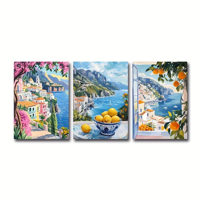 2D Flat, Set of 3 Amalfi Coast Art Prints, Vibrant Summer Mediterranean Artwork, Italian Coastal Scenery Posters, Travel Season Holiday Coastal Decor Oil Paintings, Not Framed