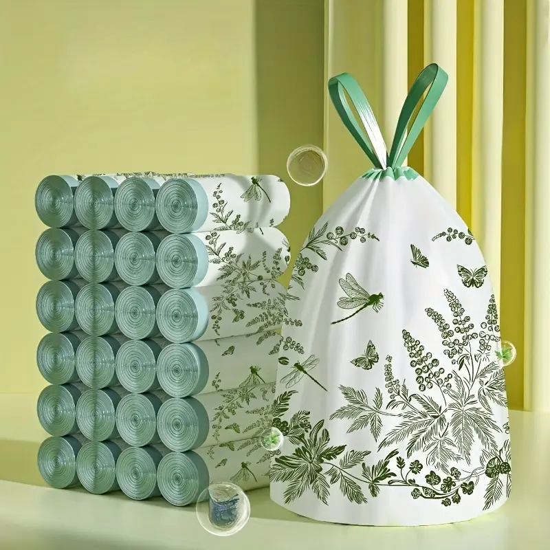 Heavy-Duty Thick And Tear-Resistant Drawstring Trash Bags – 10pcs/Roll Multi-Purpose Polyethylene Garbage Bags for Kitchen, Bathroom, Bedroom, Living Room – Stylish Floral Design, Convenient Roll, Car Trash Can, Home Organization