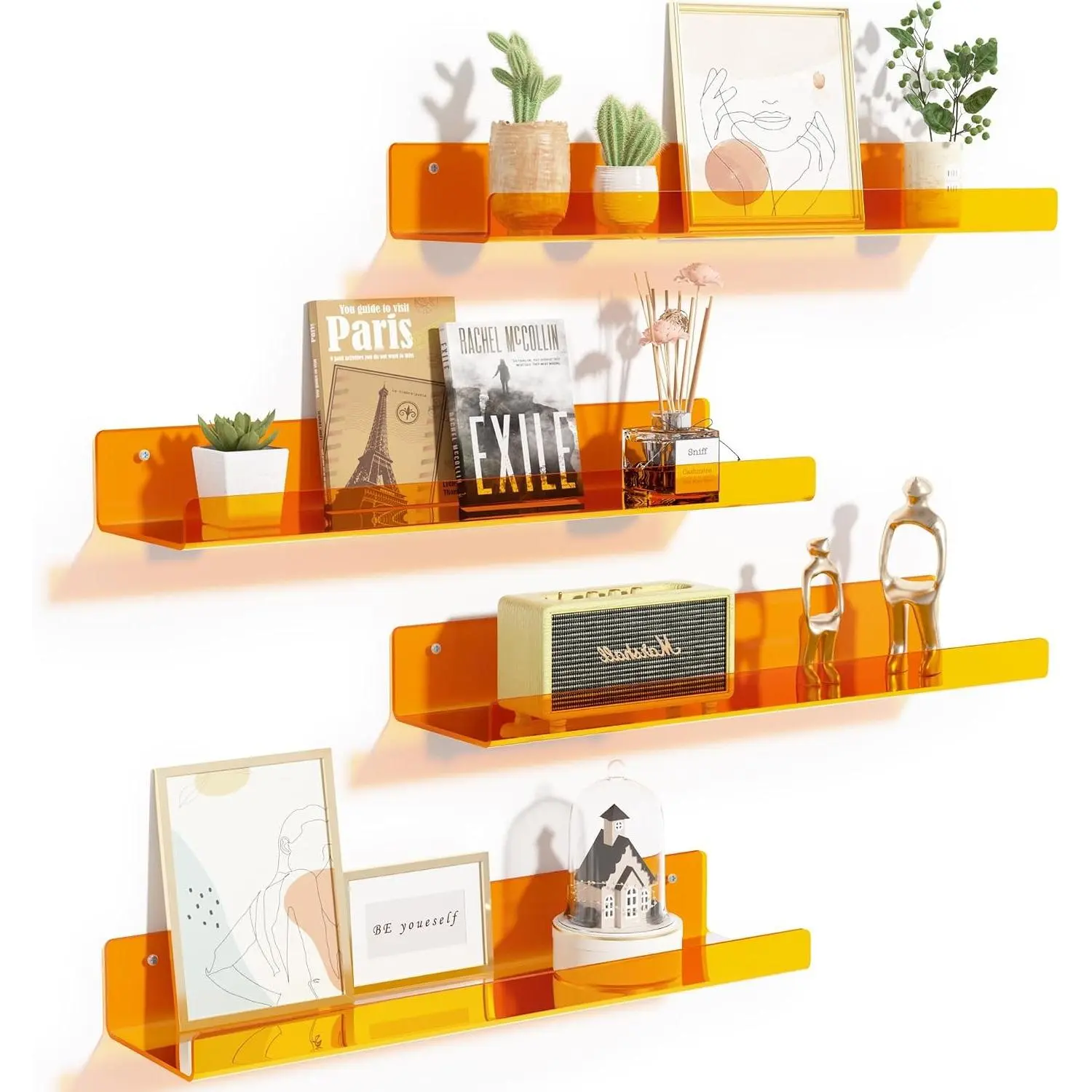 Orange 4-Pack 15" Acrylic Wall-Mount Floating Shelf Set - Easy Installation, Decorative Wall Organizer for Perfume, Skincare, Nail Polish (Bedroom, Living Room Use)